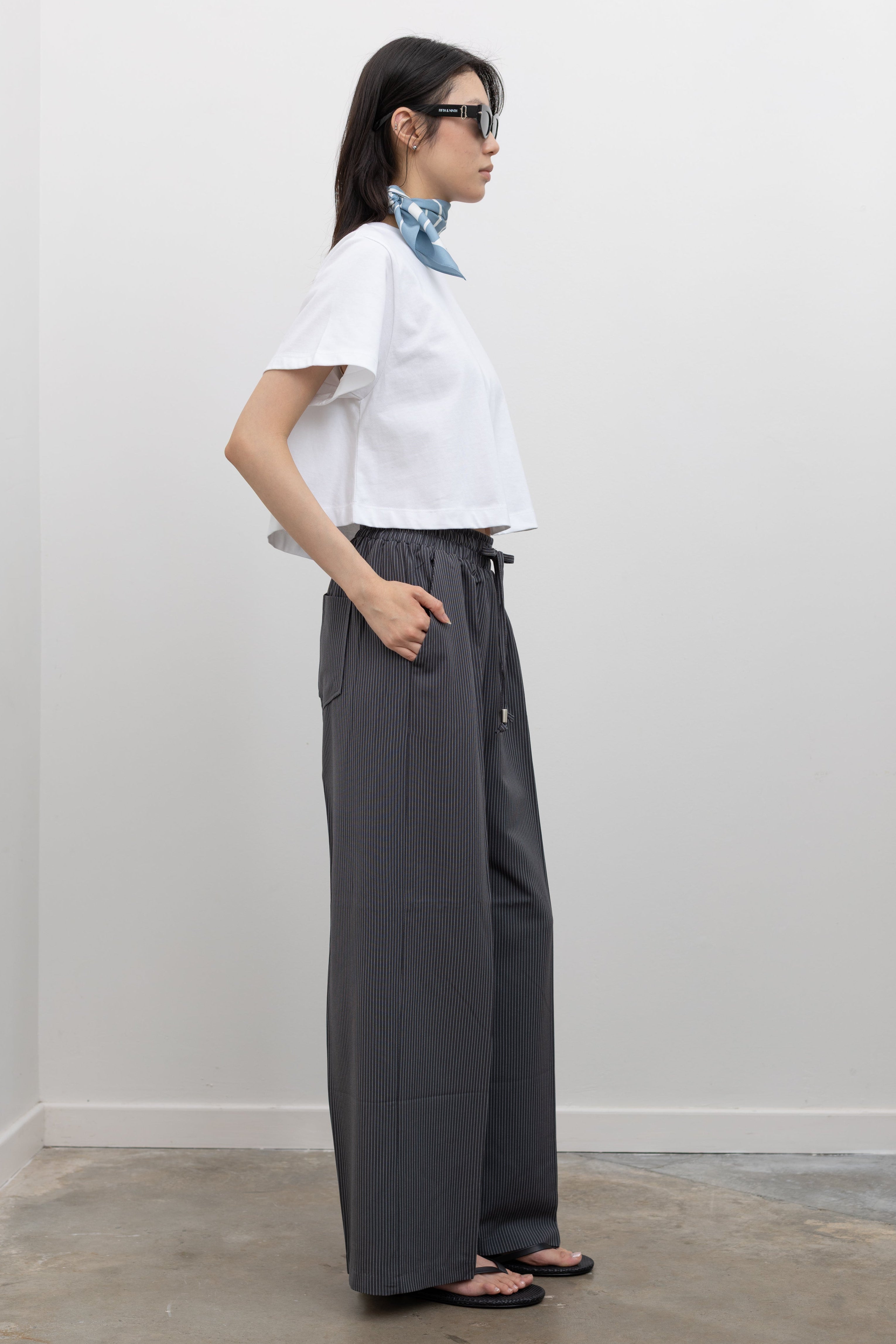 Charcoal Pinstripe Wide Leg Drawstring Pants