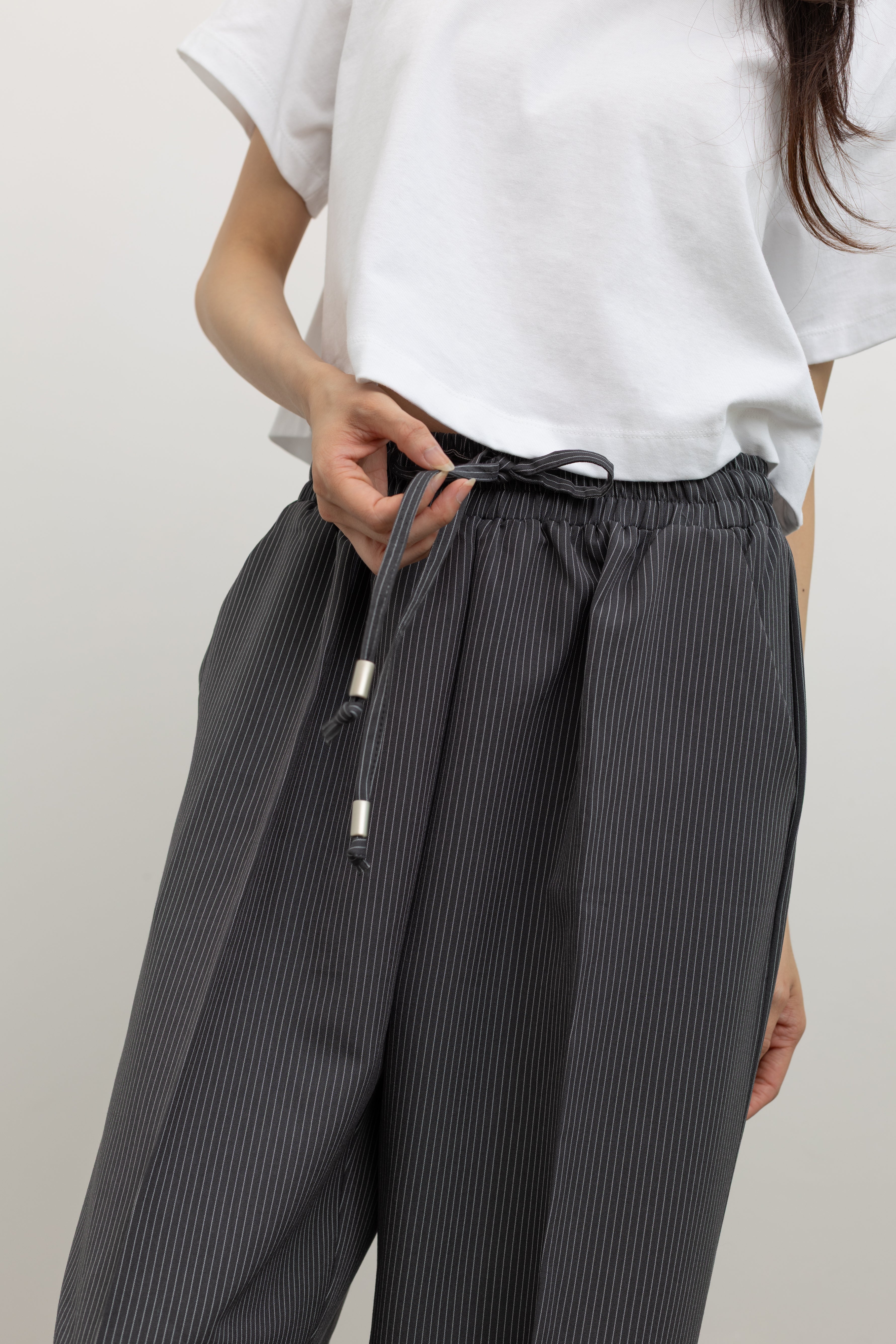 Charcoal Pinstripe Wide Leg Drawstring Pants