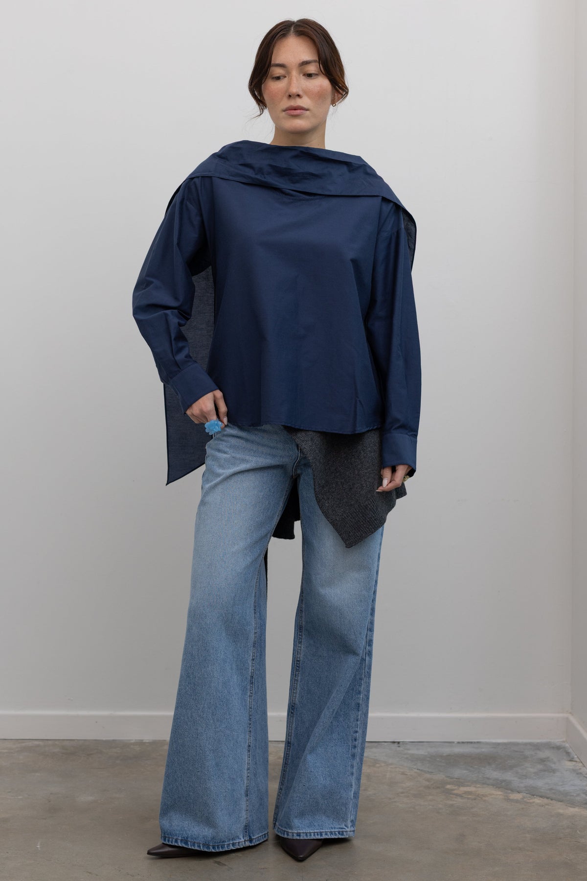Navy Silk Blend Tie-Neck Blouse