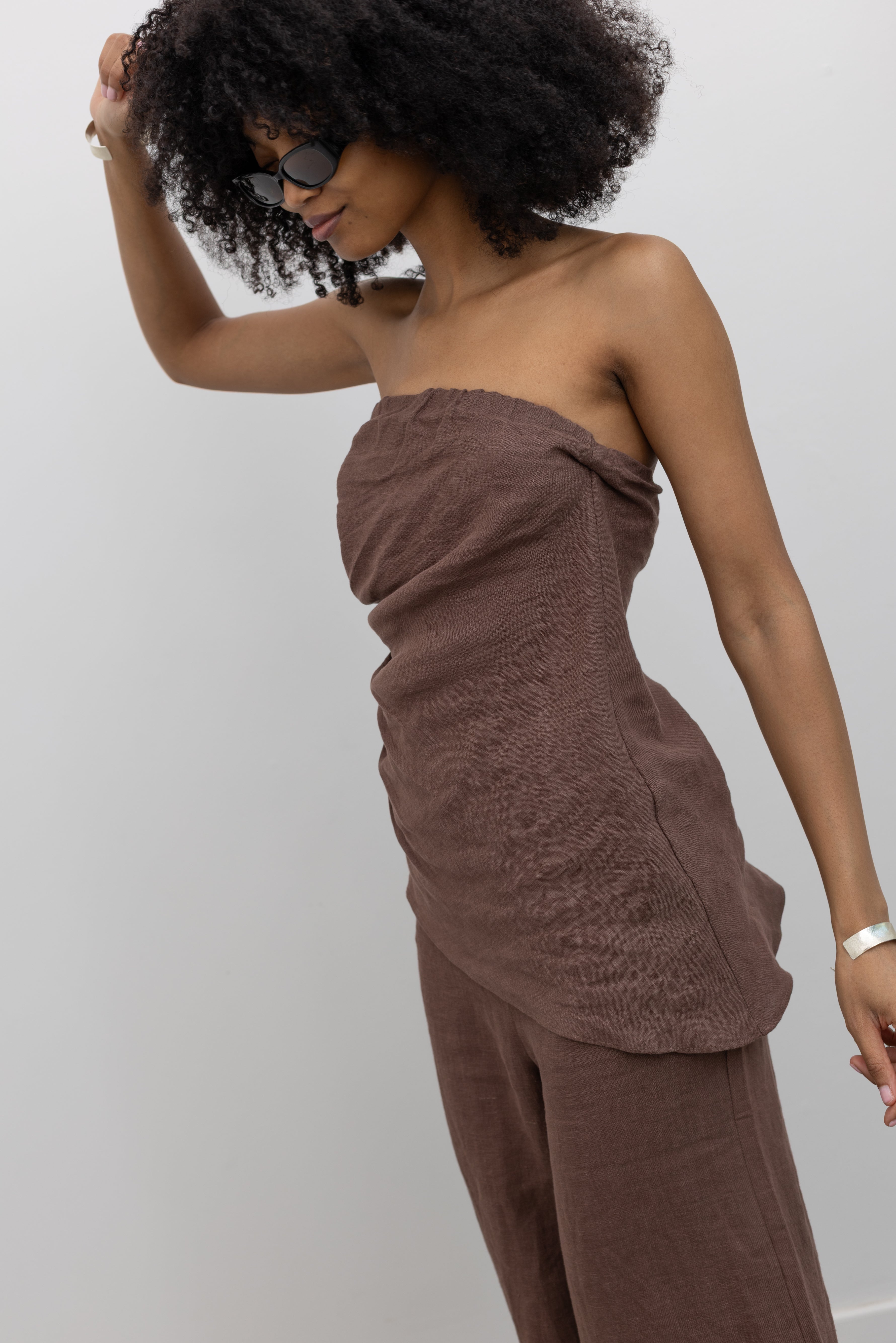 Brown Draped Strapless Linen Top