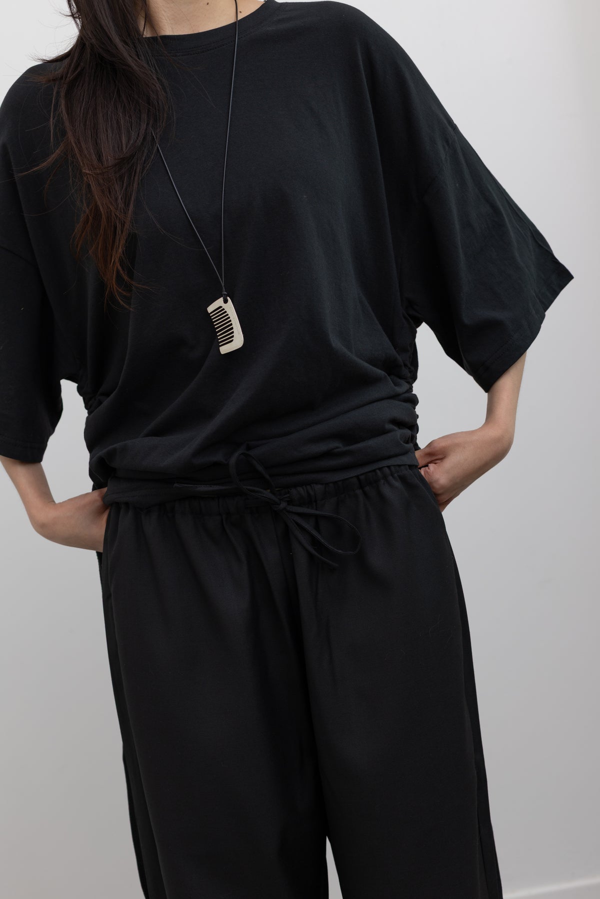 Black Wool Blend Drawstring Pants