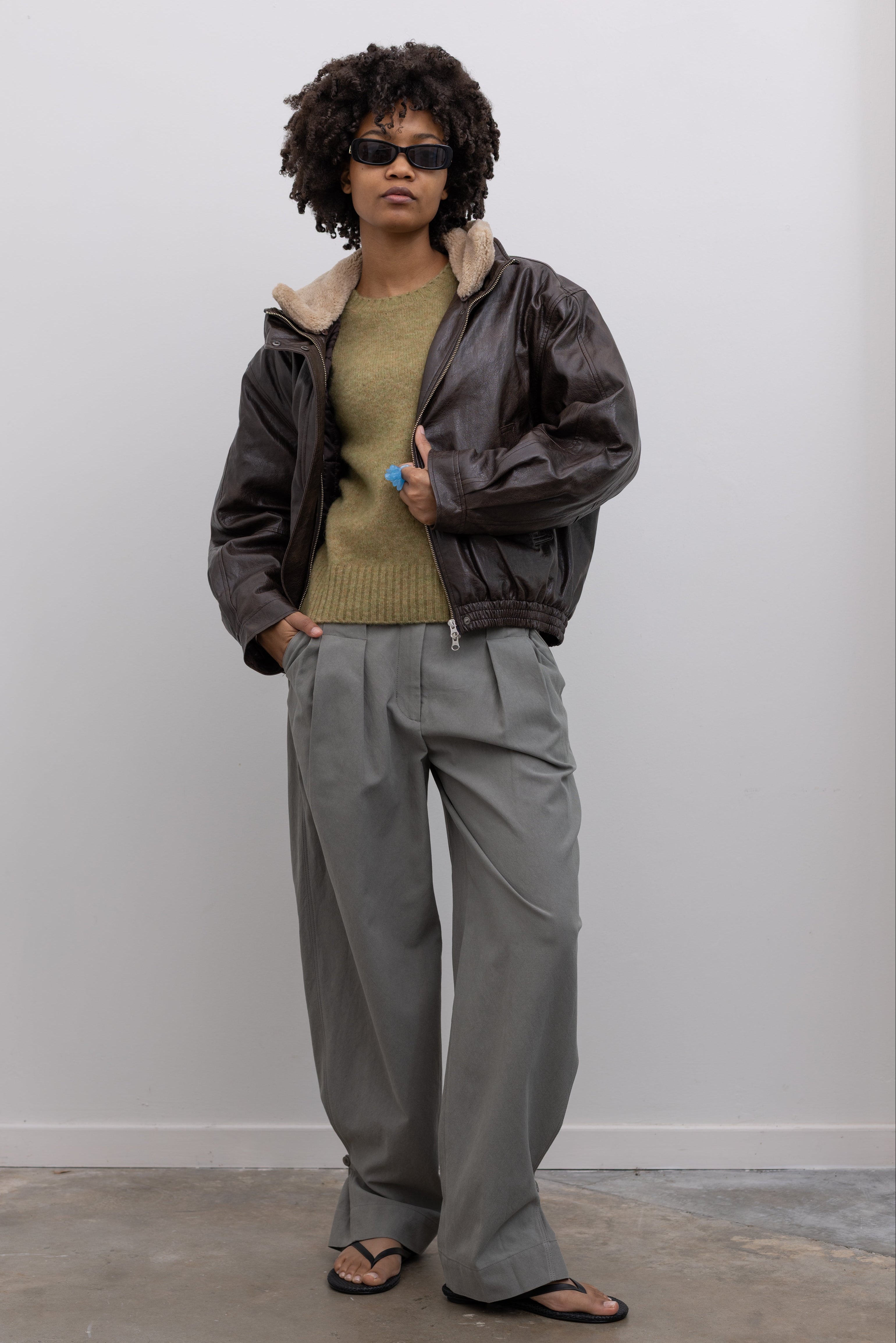 Brown Fur Collar Artificial Leather Jacket