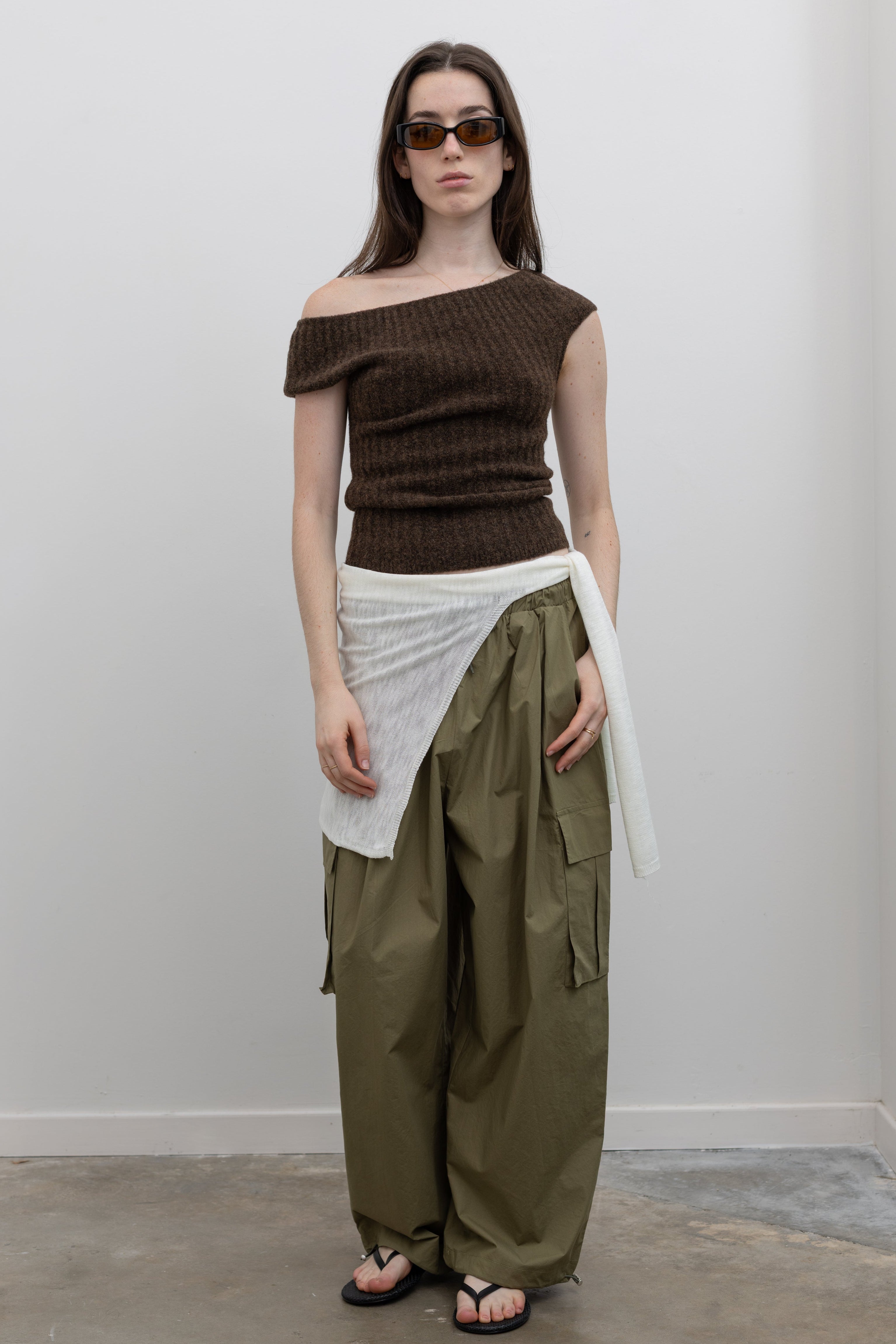 Brown Off Shoulder Wool Knit Top