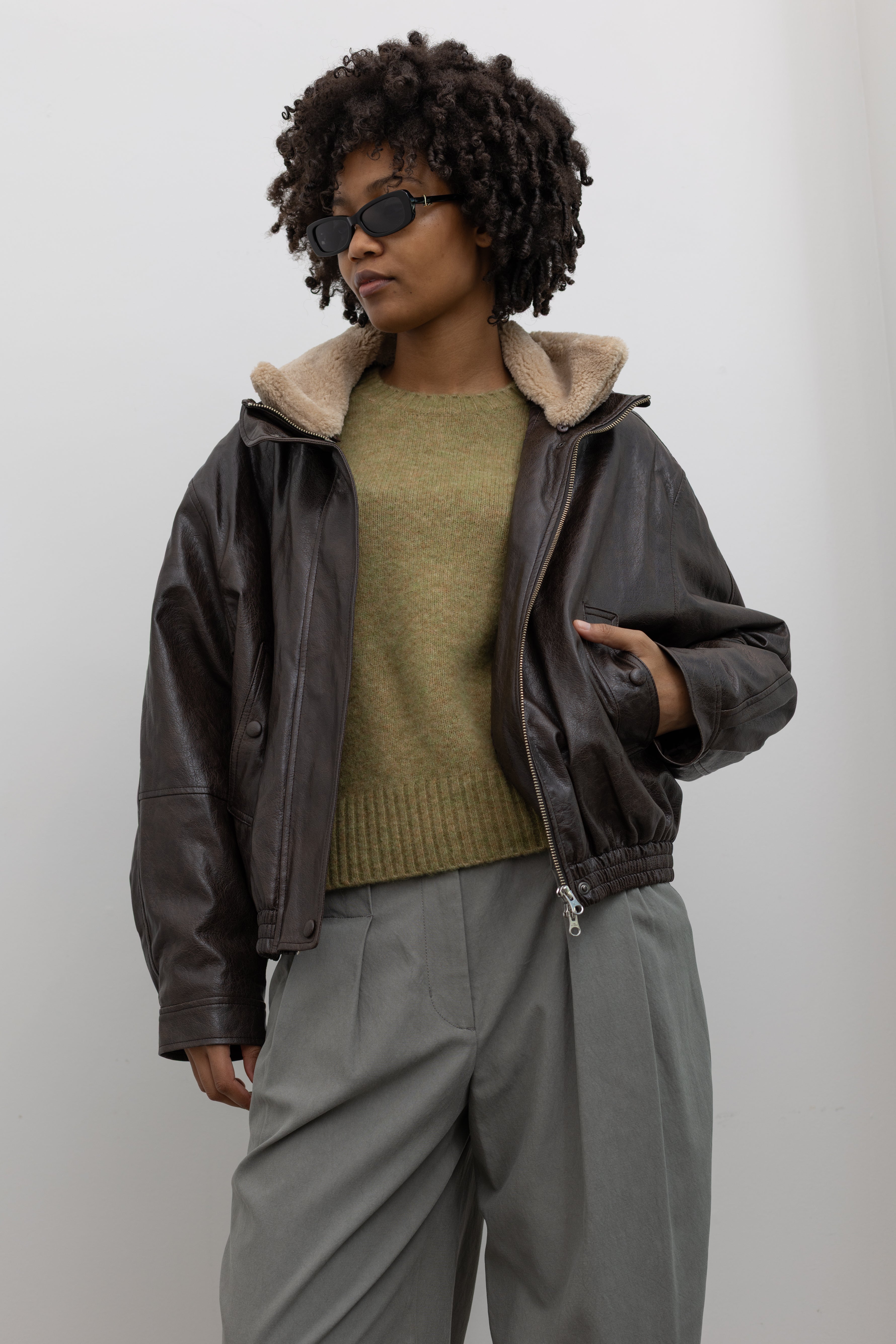 Brown Fur Collar Artificial Leather Jacket