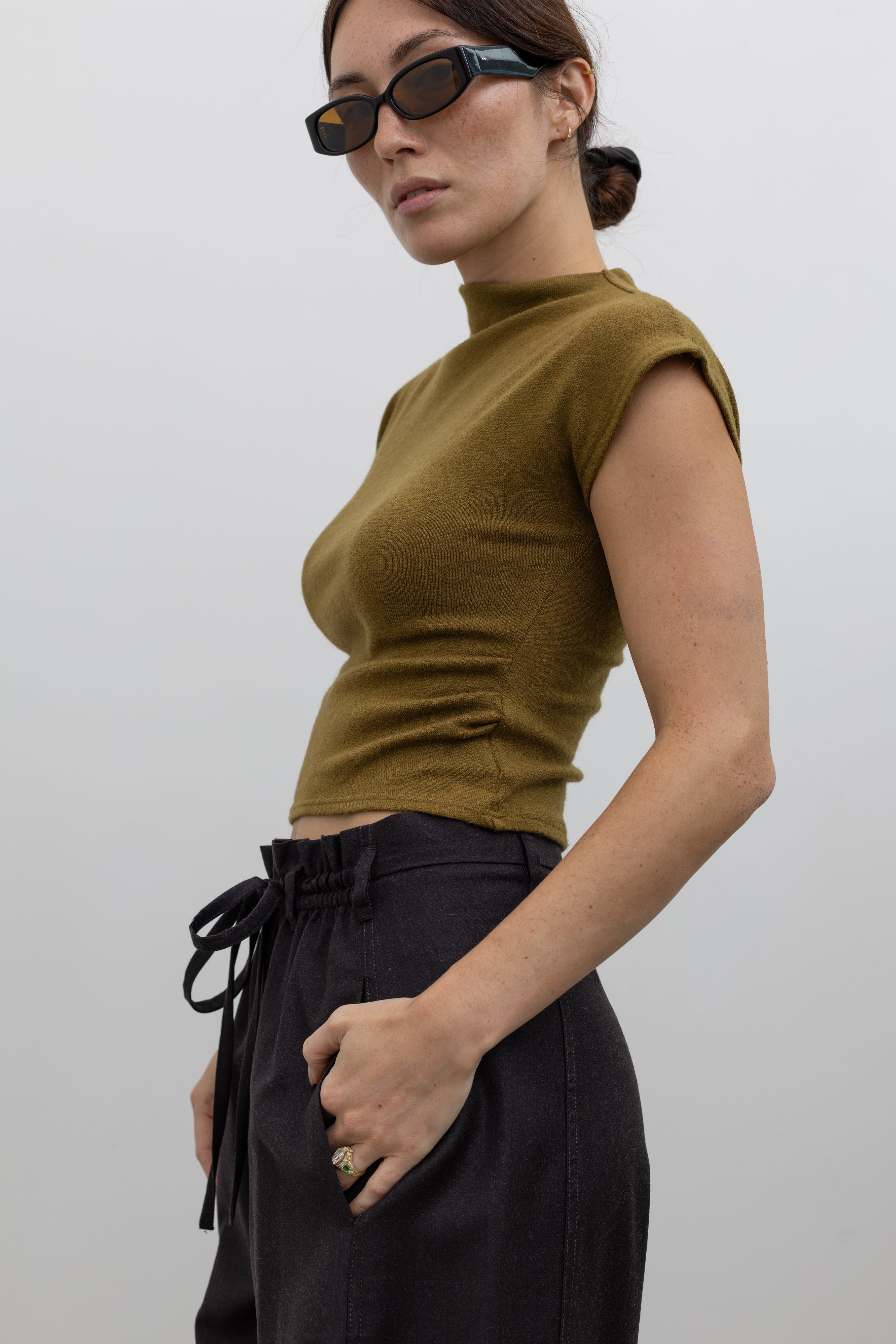 Remi Mock Neck Fitted Knit Top - Olive