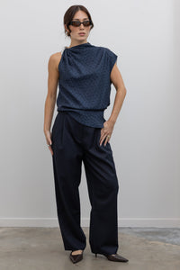 Navy Wool Blend Pleated Tailored Pants