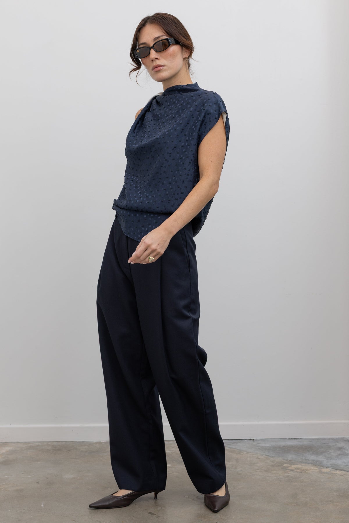 Polka Dot Satin Twist Shoulder Top