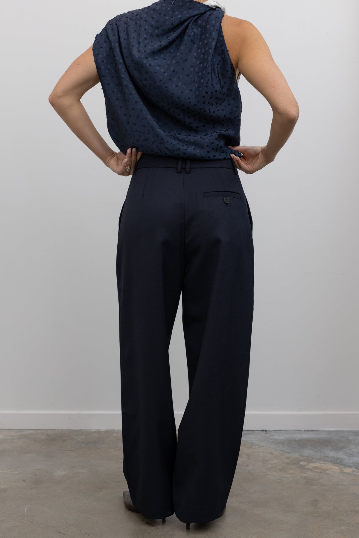 Navy Wool Blend Pleated Tailored Pants
