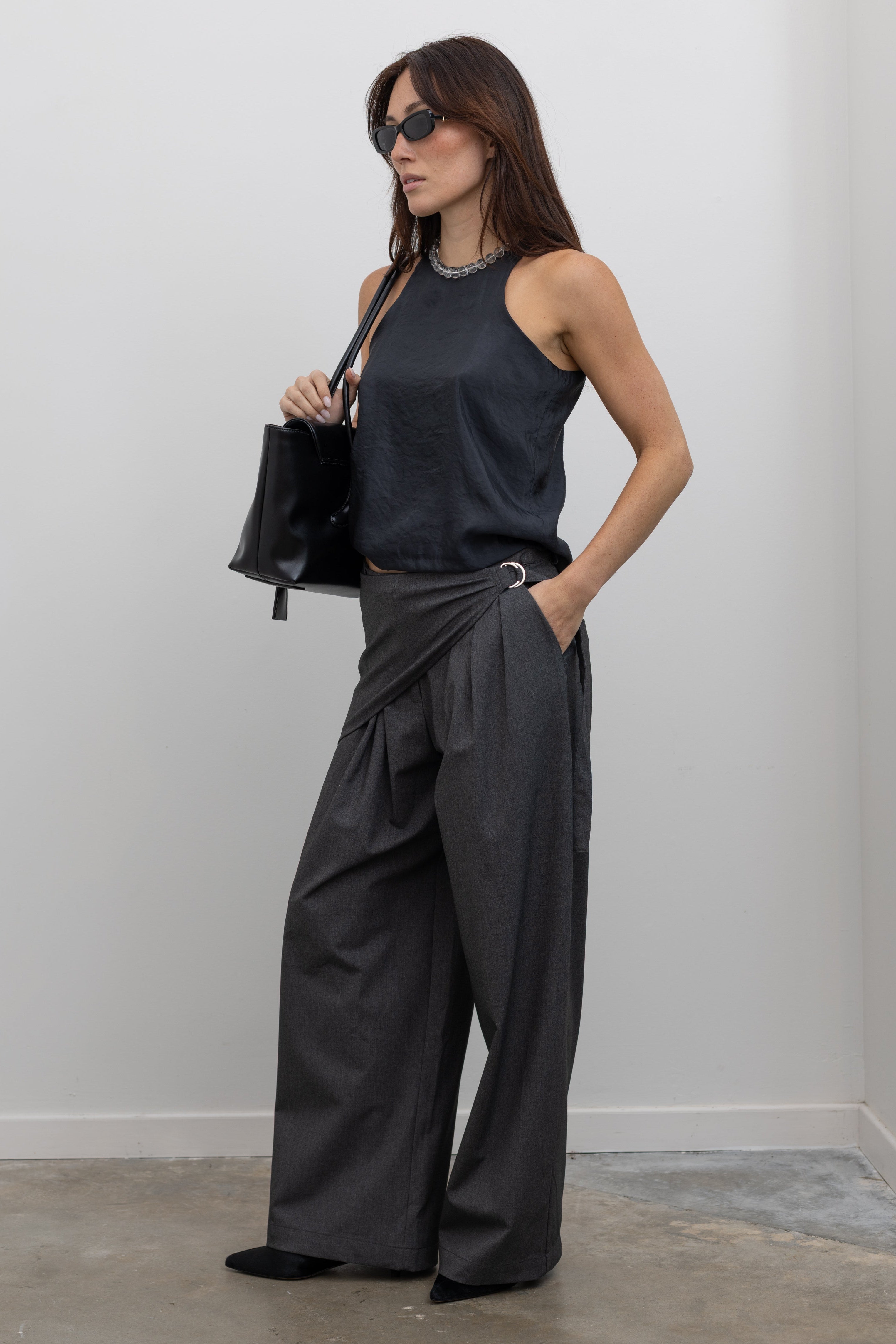 Charcoal Wrap Skirt Wide Leg Trousers