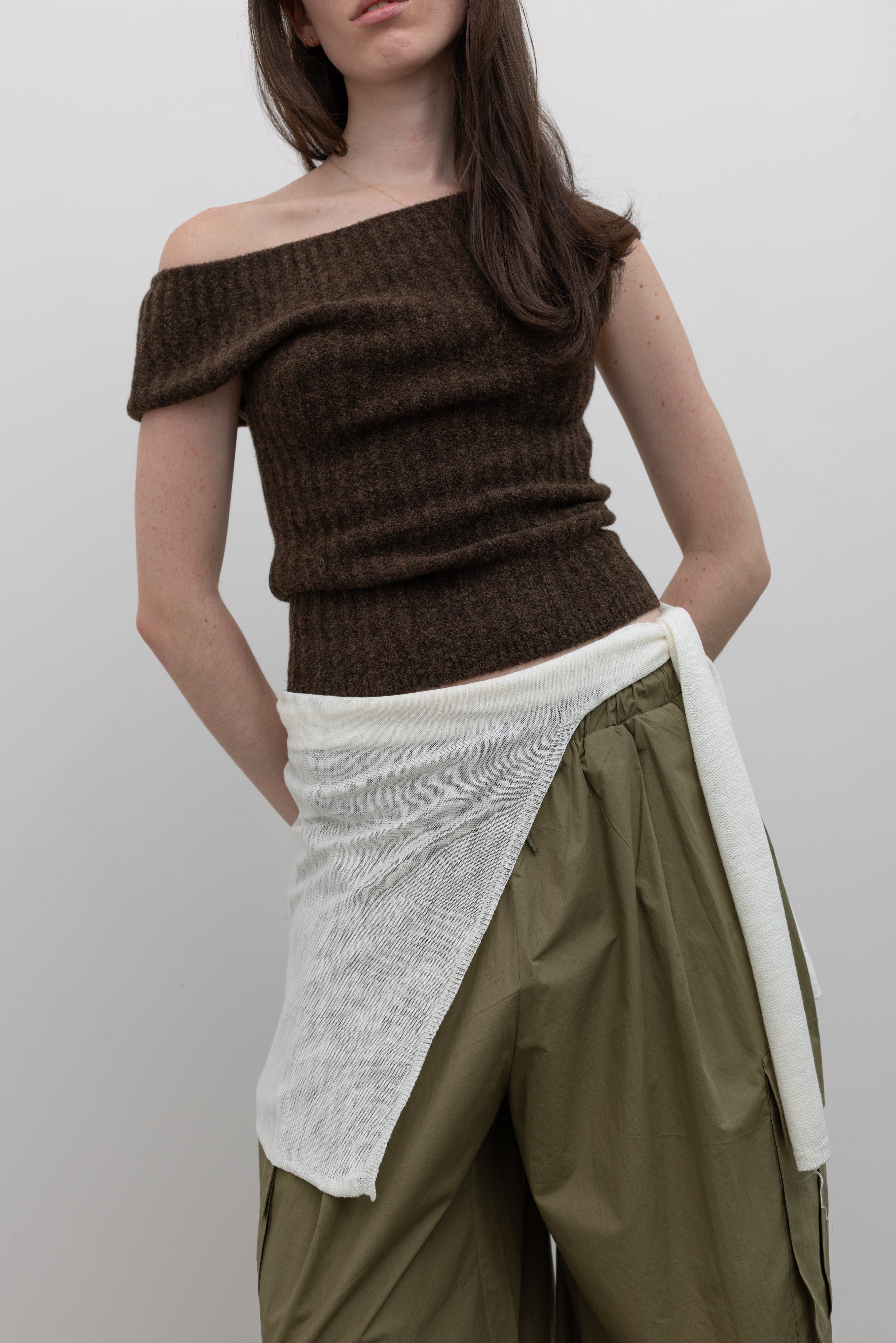Brown Off Shoulder Wool Knit Top