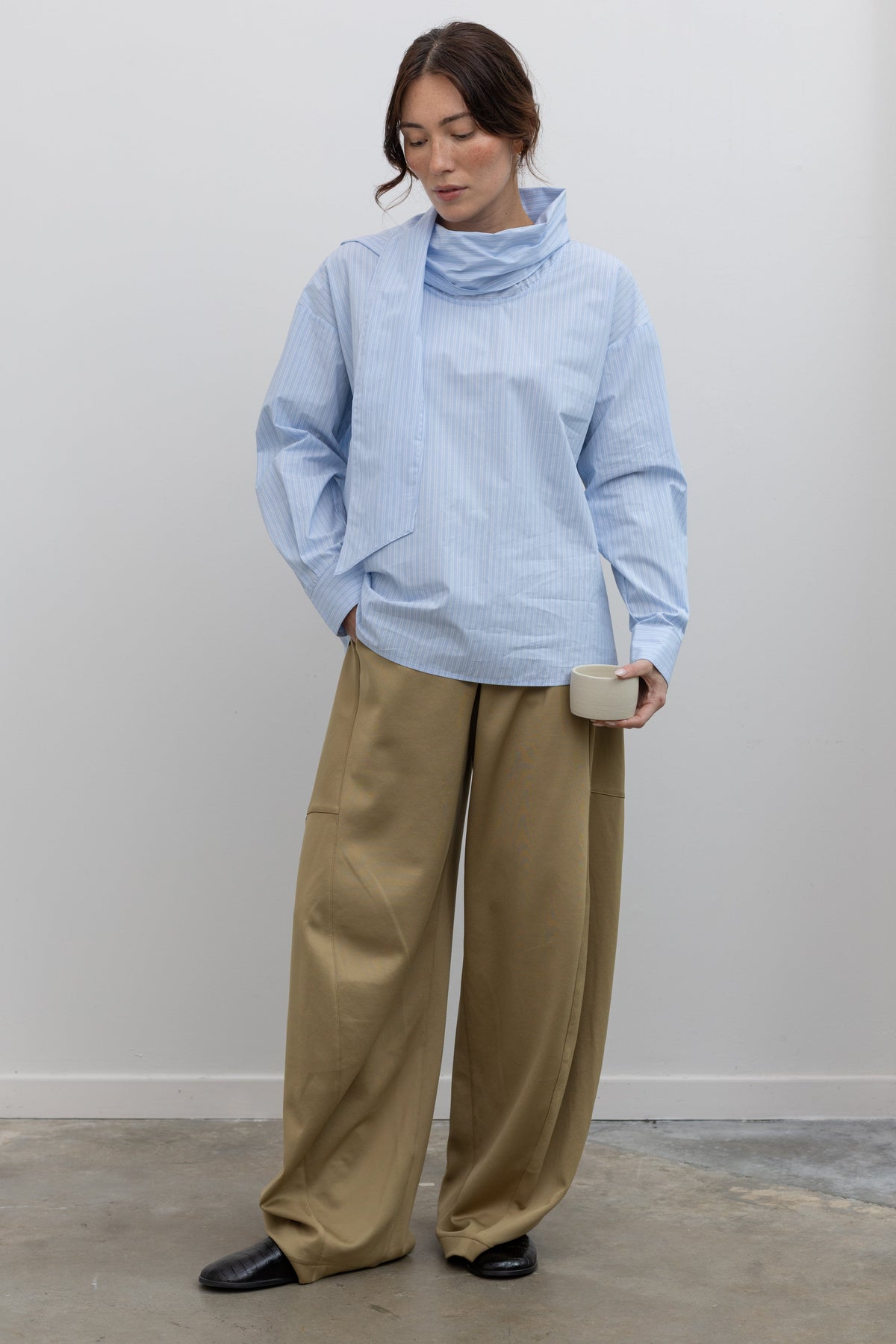 Light Blue Striped Tie Neck Blouse