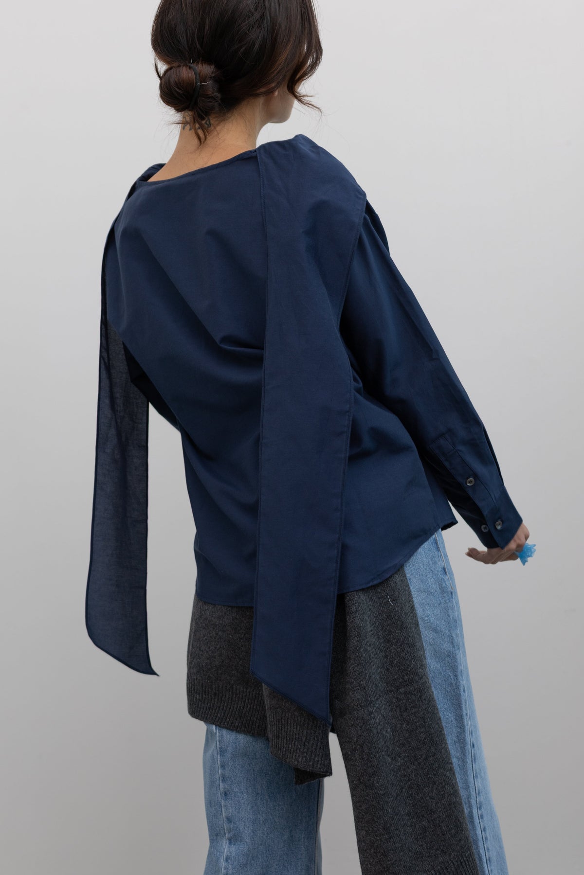 Navy Silk Blend Tie-Neck Blouse