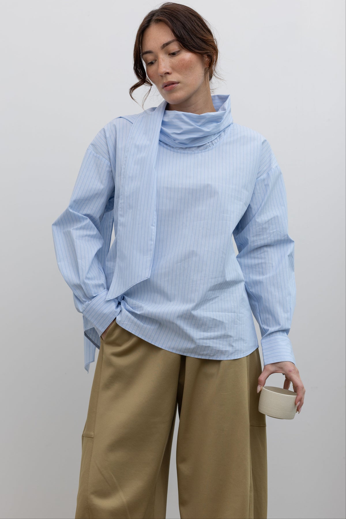 Light Blue Striped Tie Neck Blouse