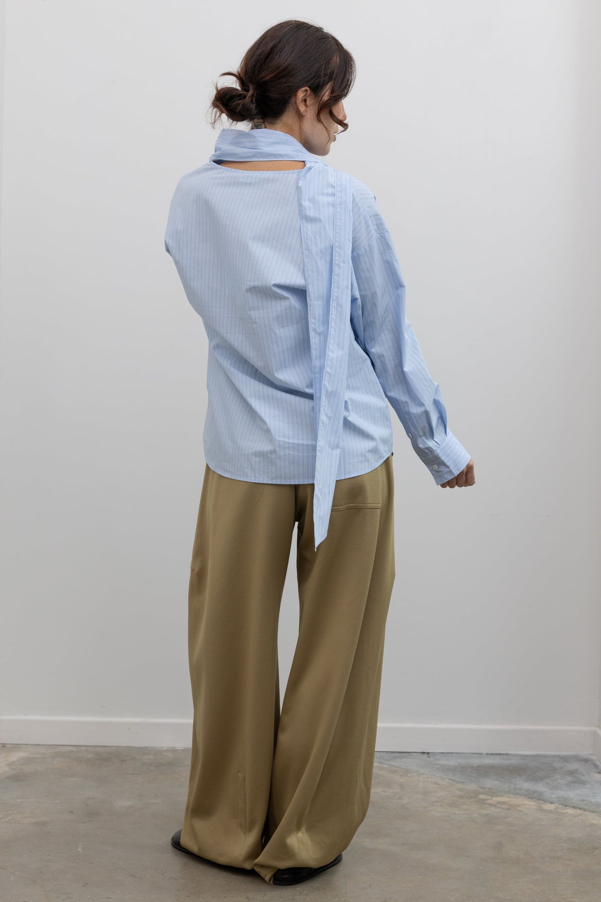 Light Blue Striped Tie Neck Blouse