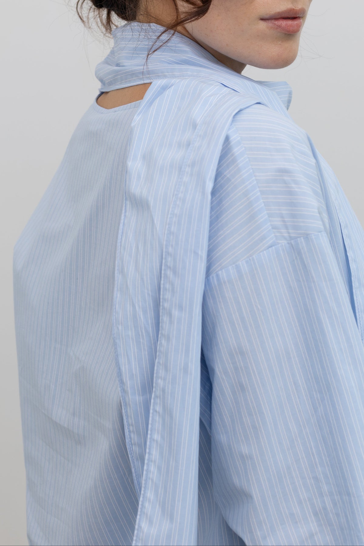 Light Blue Striped Tie Neck Blouse