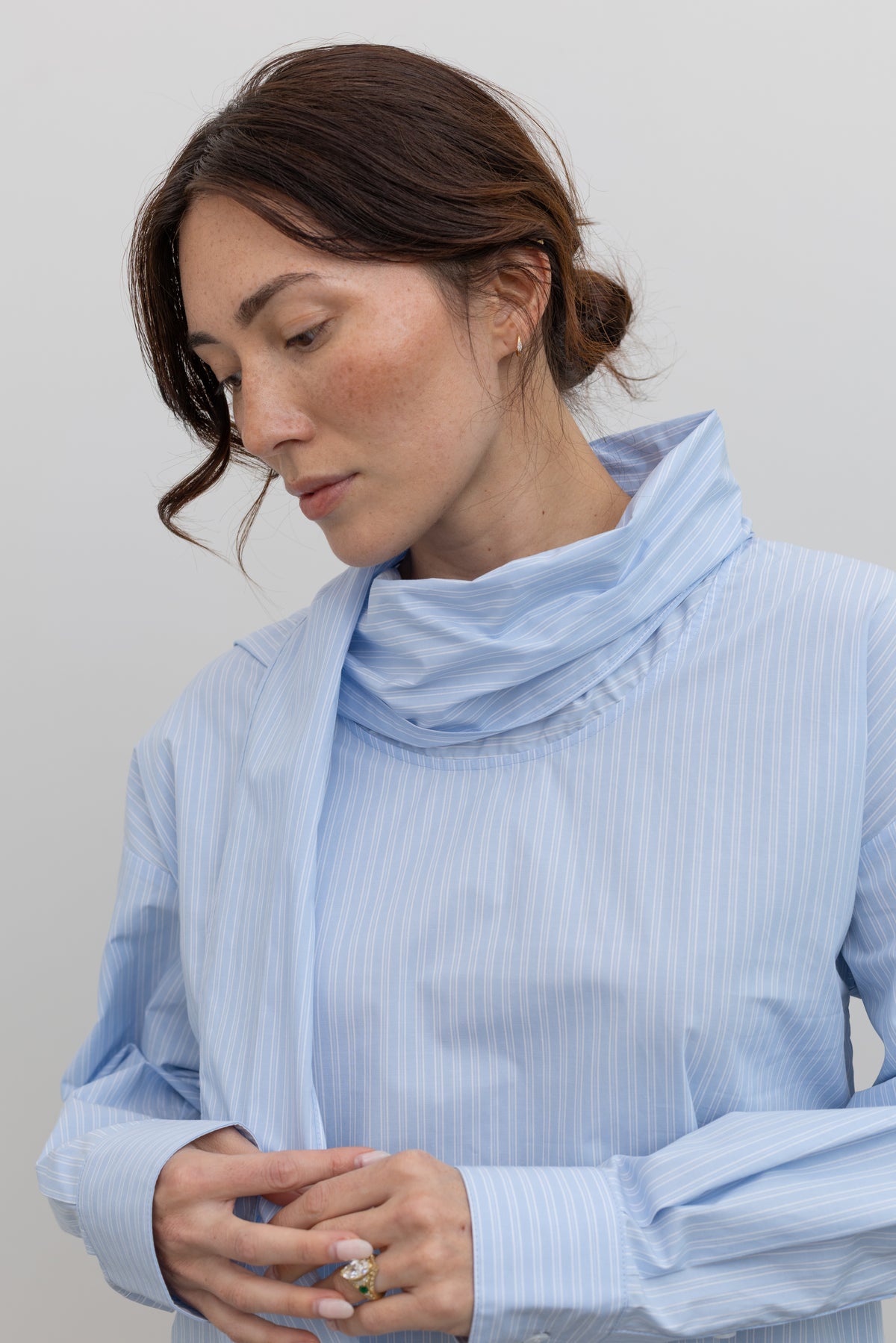 Light Blue Striped Tie Neck Blouse