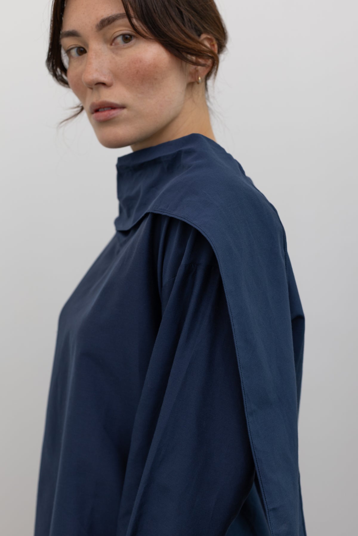 Navy Silk Blend Tie-Neck Blouse