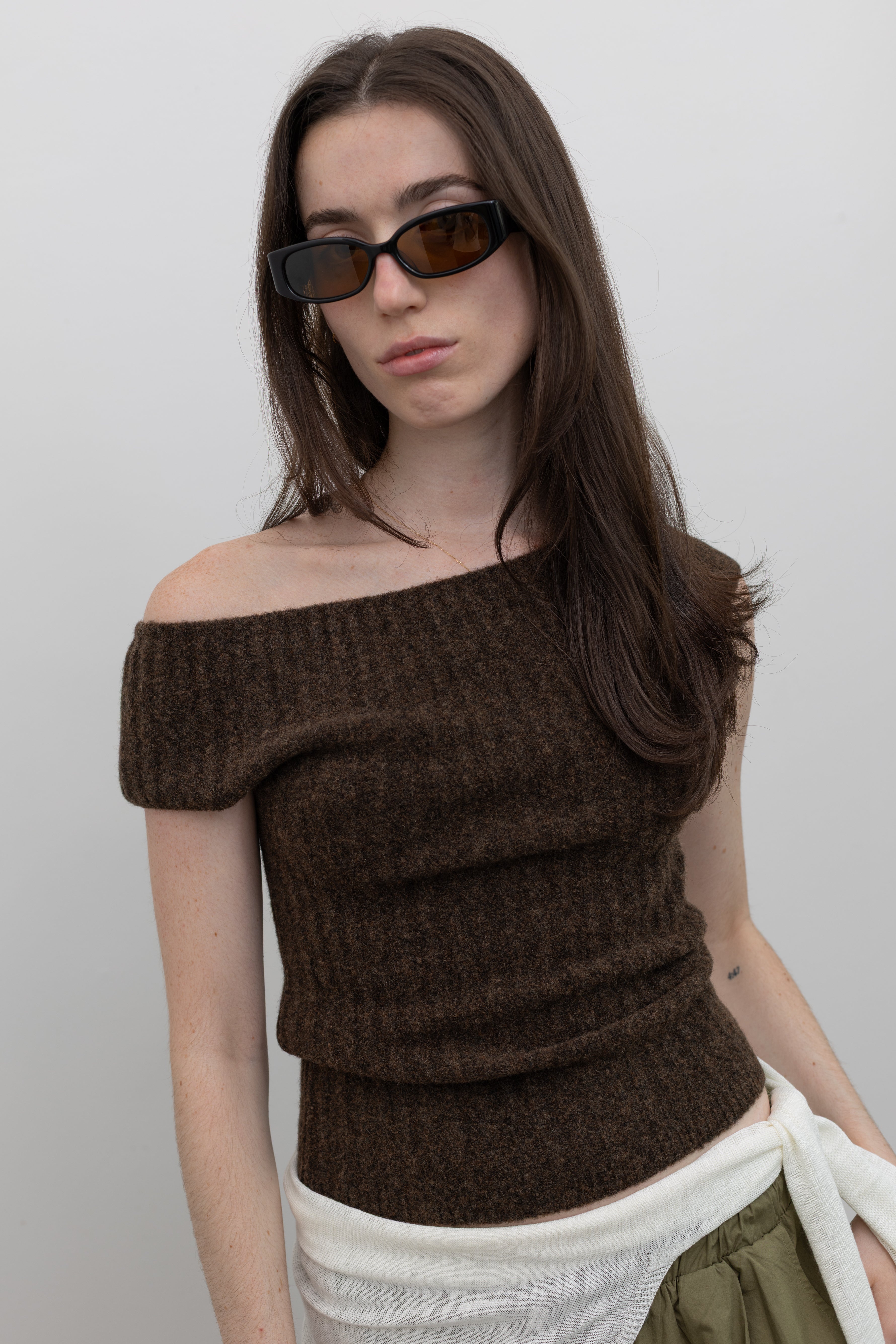 Brown Off Shoulder Wool Knit Top