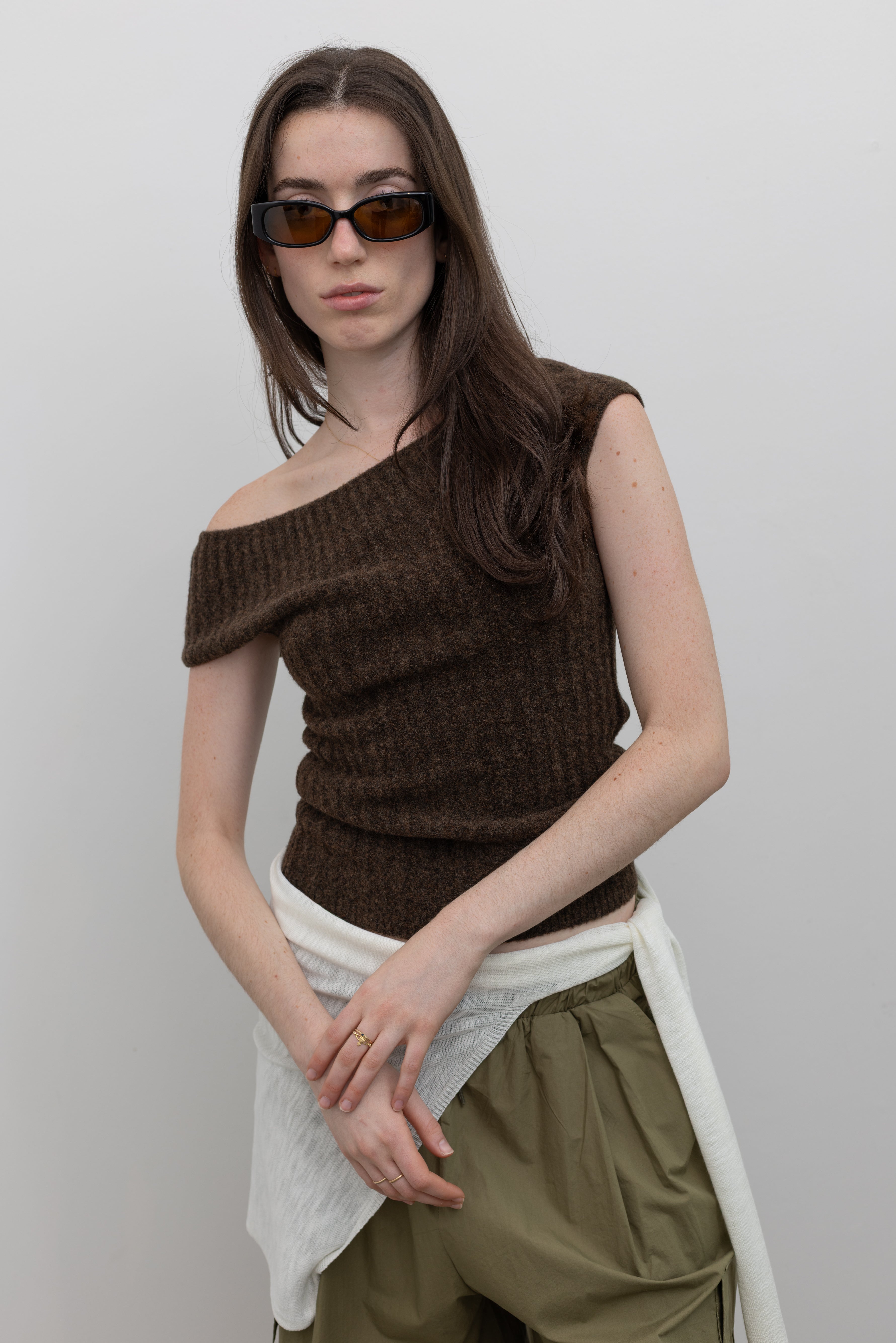 Brown Off Shoulder Wool Knit Top