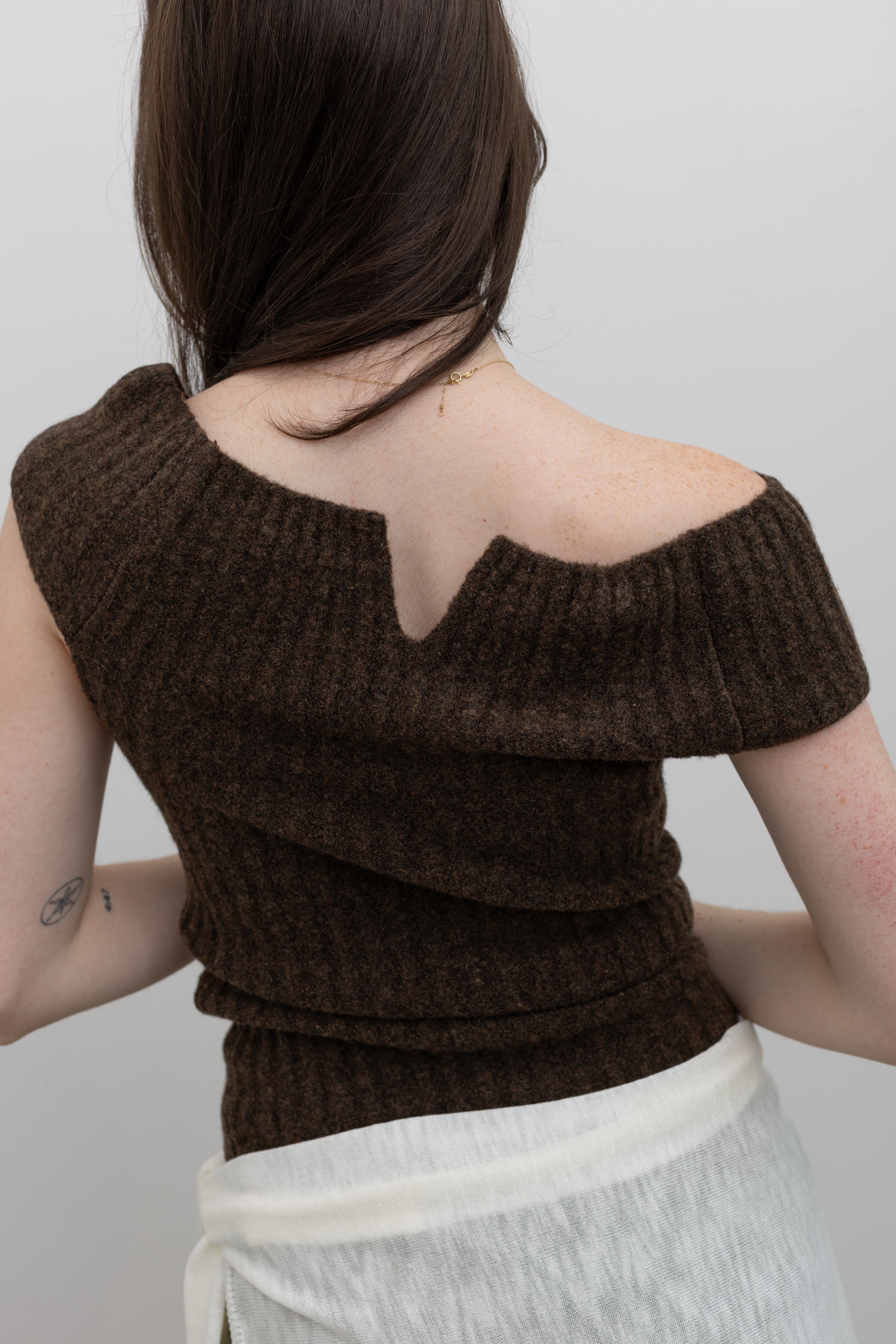 Brown Off Shoulder Wool Knit Top