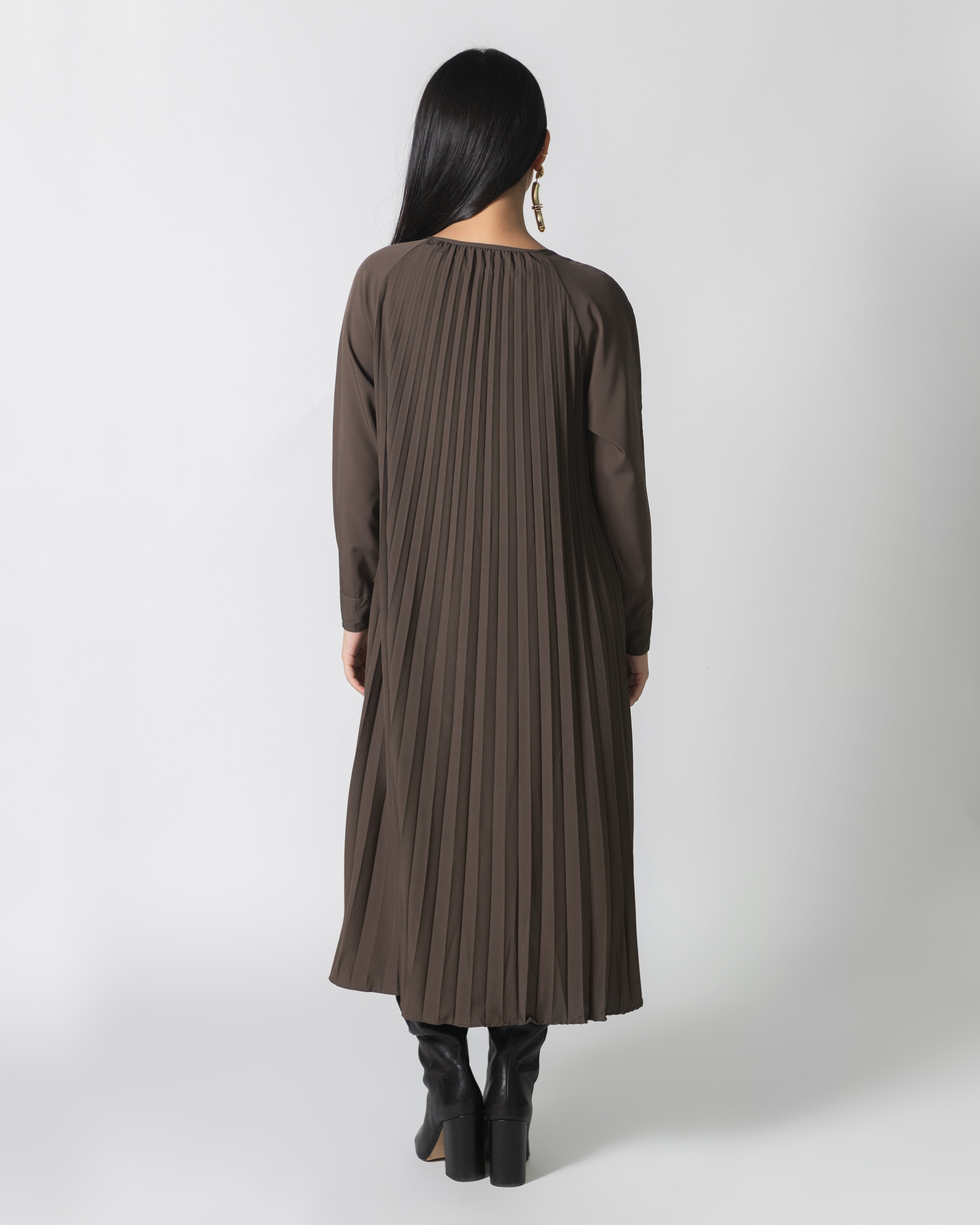 Brown Pleated Tie Dress