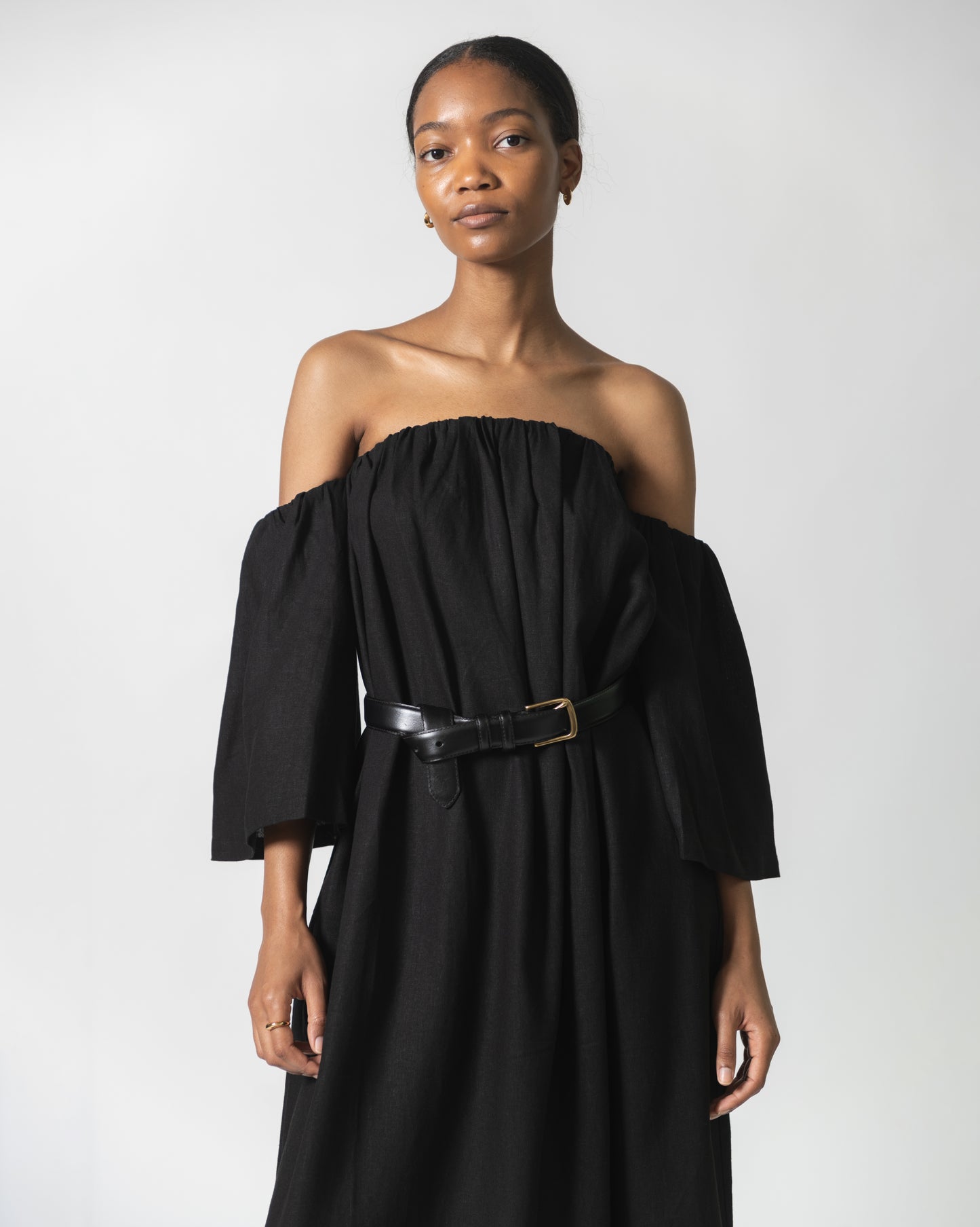 Black Linen Off The Shoulder Midi Dress