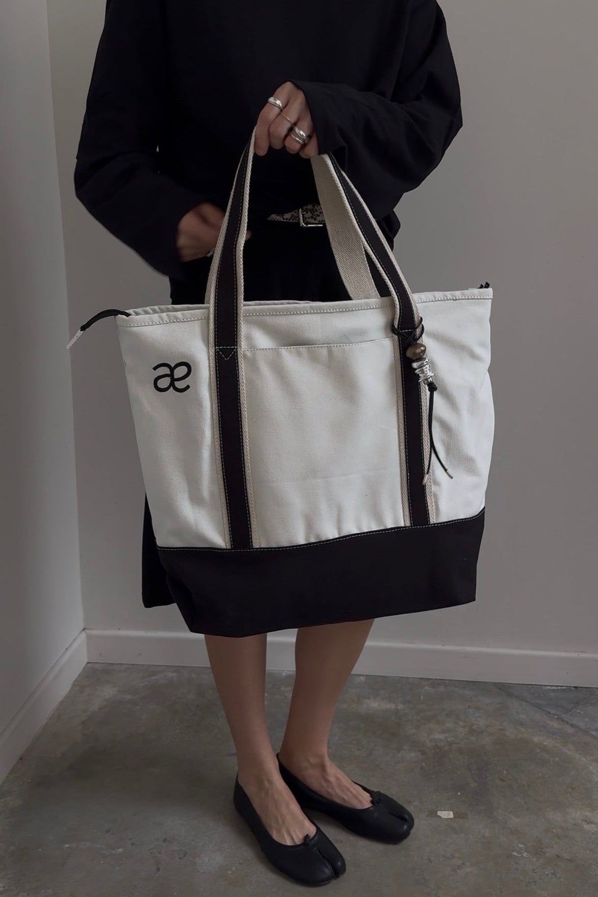 Alas Eius embroidered cotton canvas boat tote with black AE embroidery