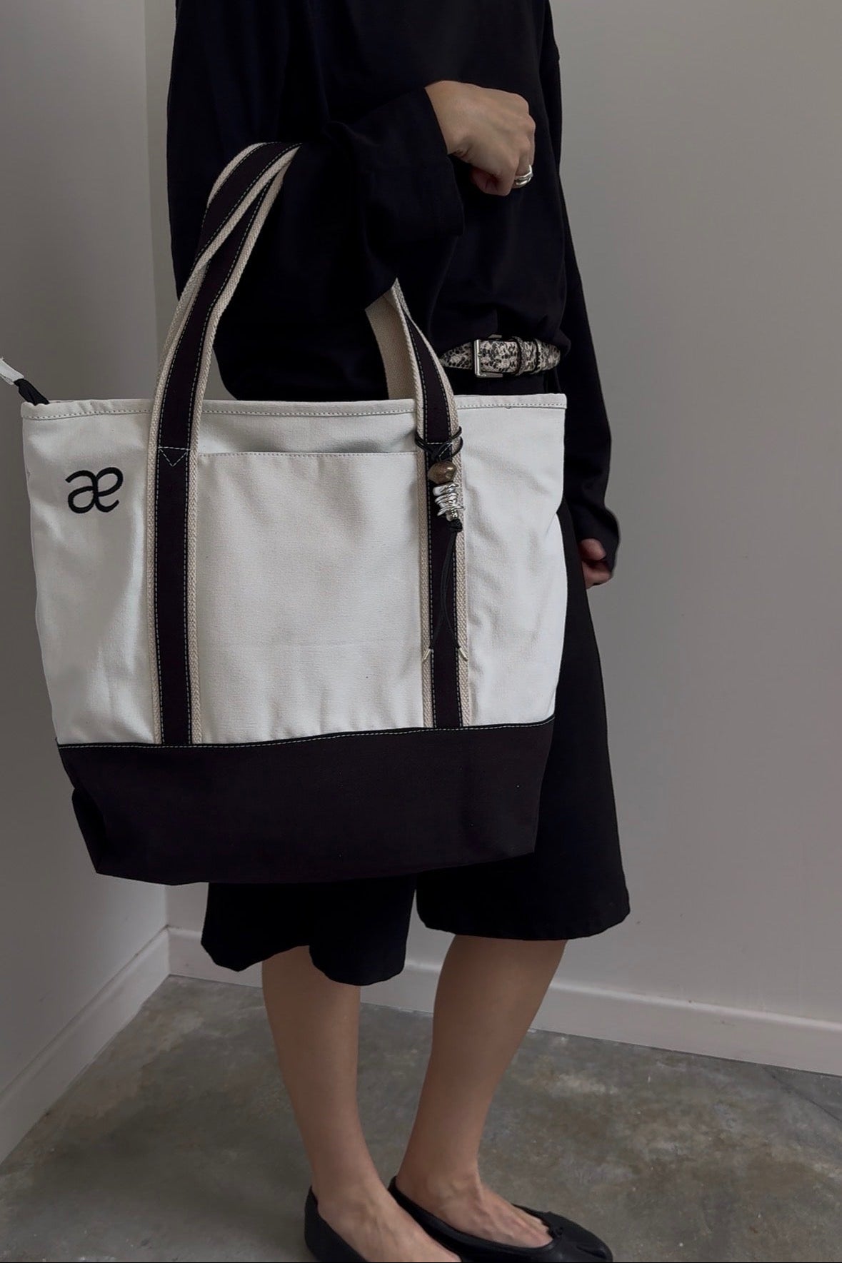 Alas Eius embroidered cotton canvas boat tote with black AE embroidery