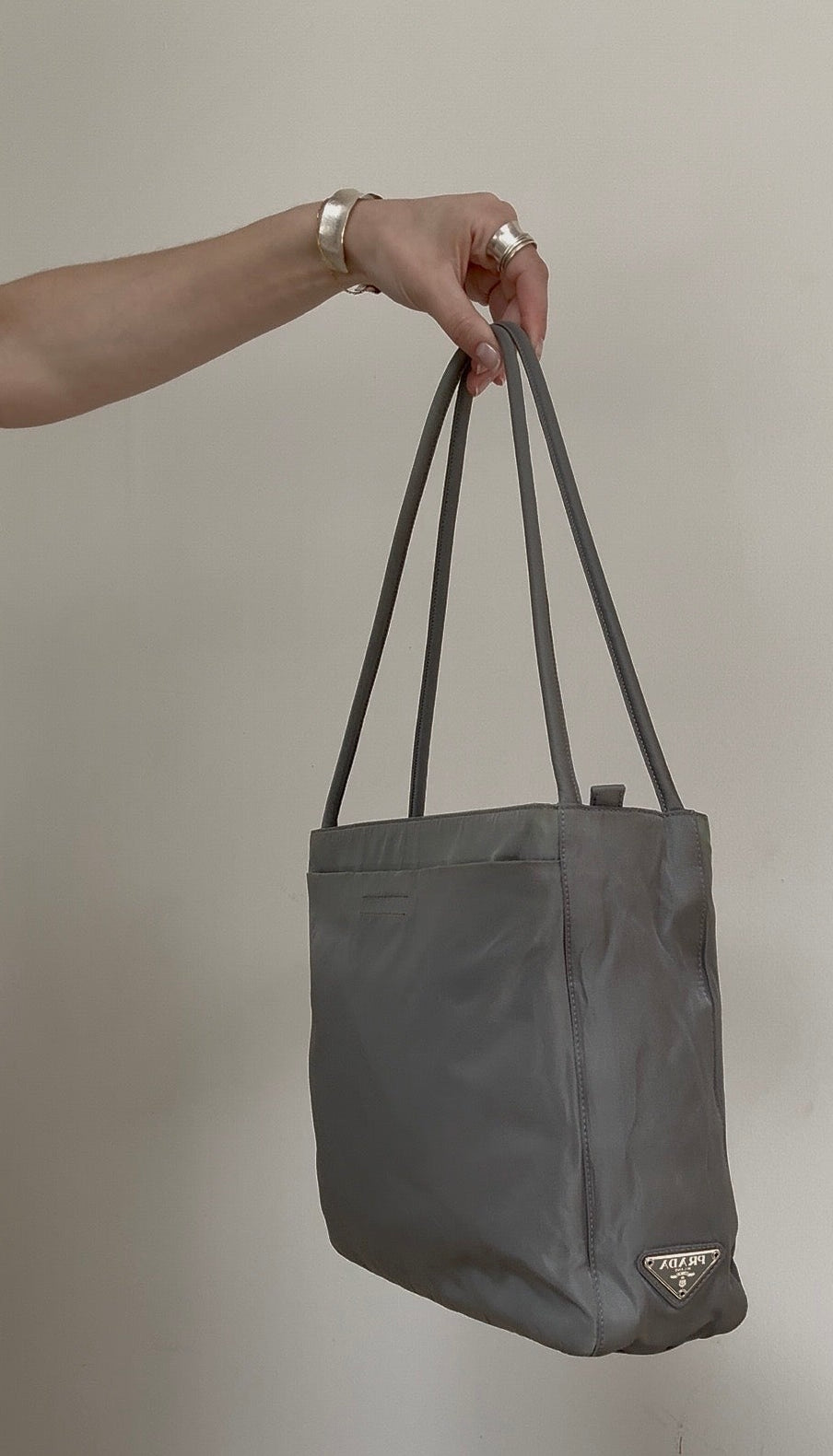 Alas Eius Pre-Loved Prada Green Nylon Handbag with Silver Hardware Designer Shoulder Bag at Alas Eius