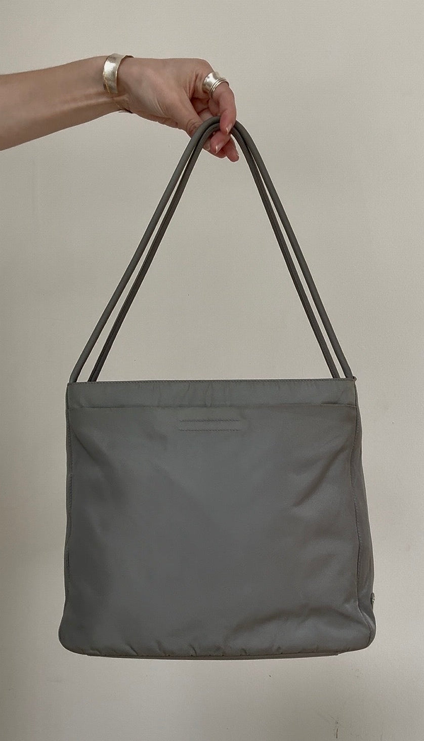 Alas Eius Vintage Prada Nylon Tote in Muted Green Luxury Everyday Handbag at Alas Eius