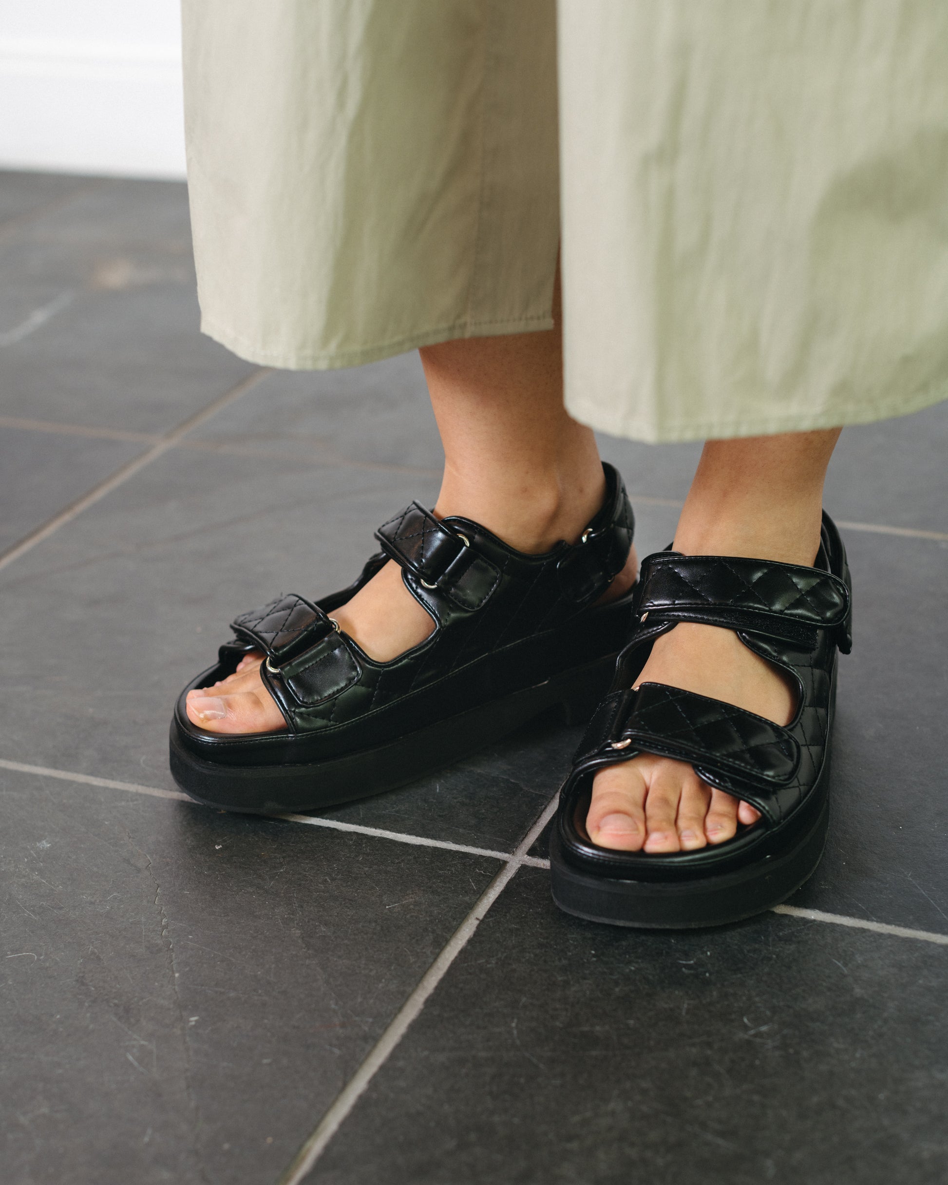 Black Quilted Velcro Platform Sandals