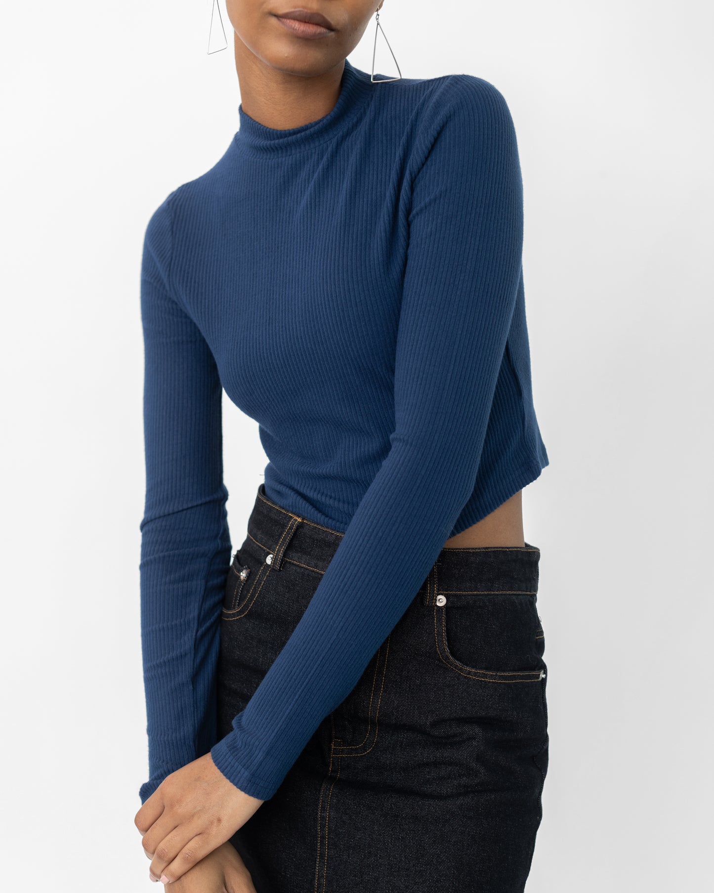 Navy Cropped Ribbed Mock Neck Top