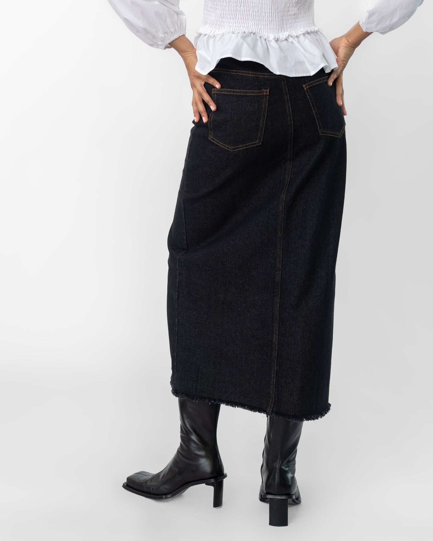 Black Raw Hem Denim Maxi Skirt