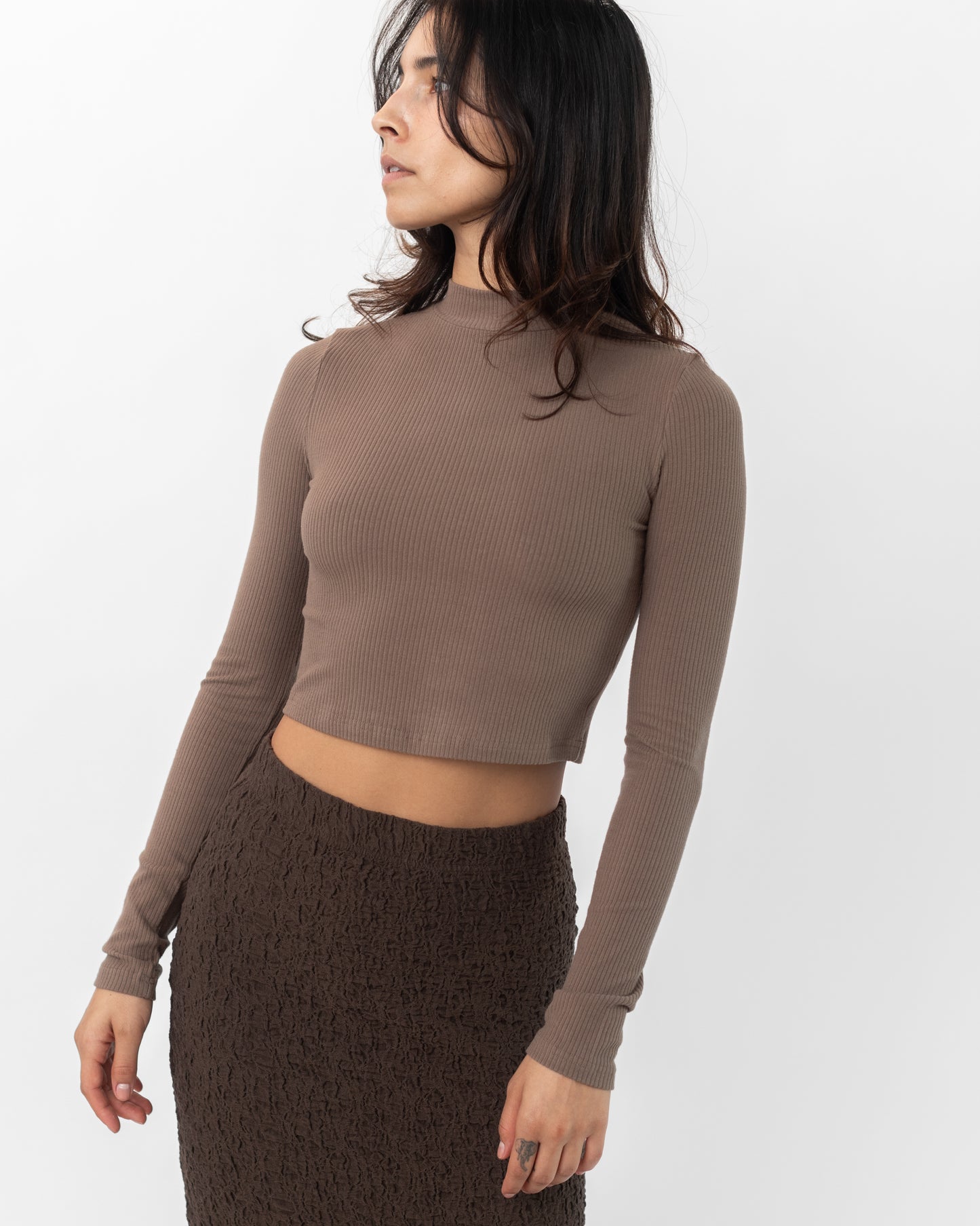 Brown Cropped Ribbed Mock Neck Top
