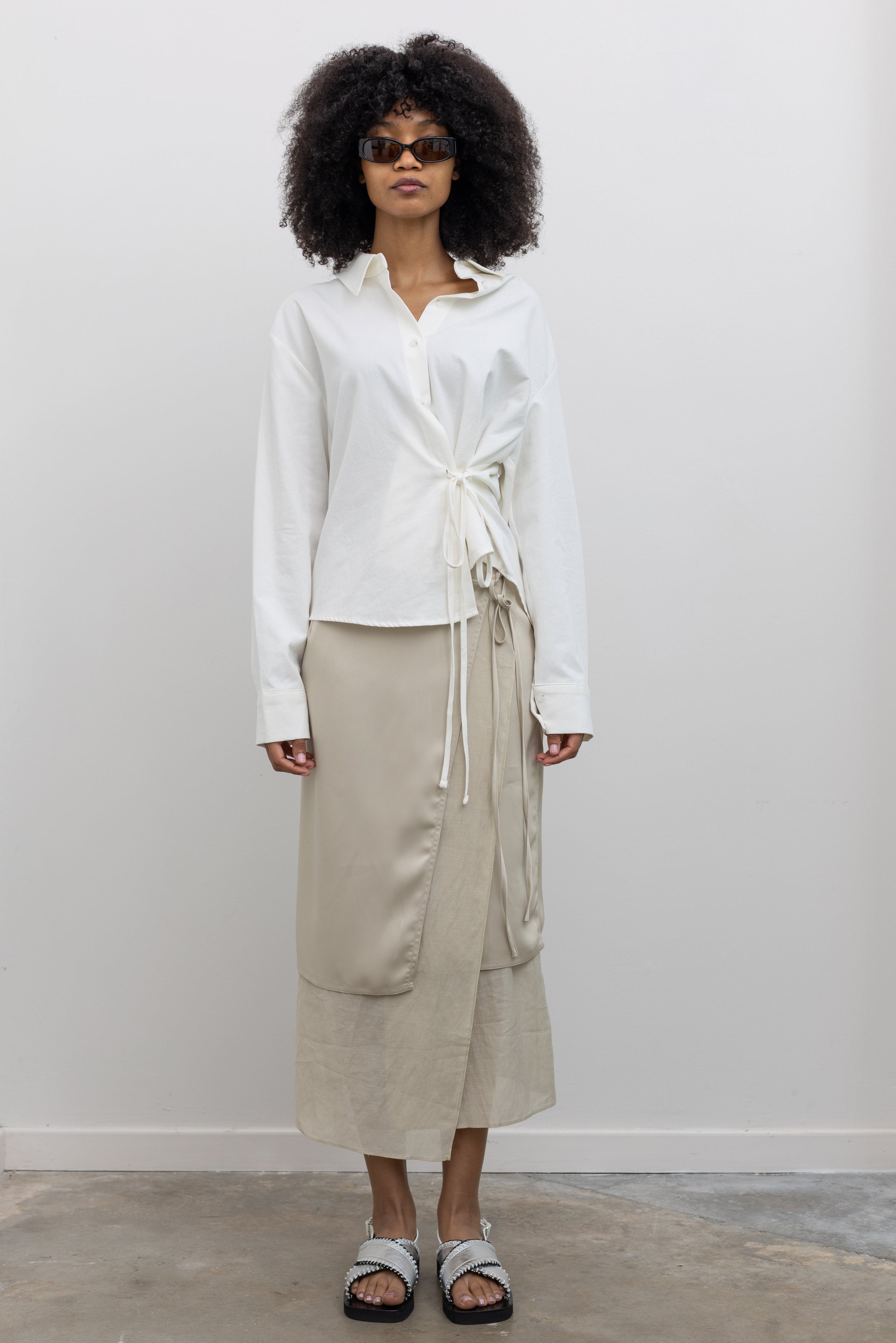 Alas Eius Women's Beige Satin Midi Wrap Skirt with Adjustable Button Closure at Alas Eius