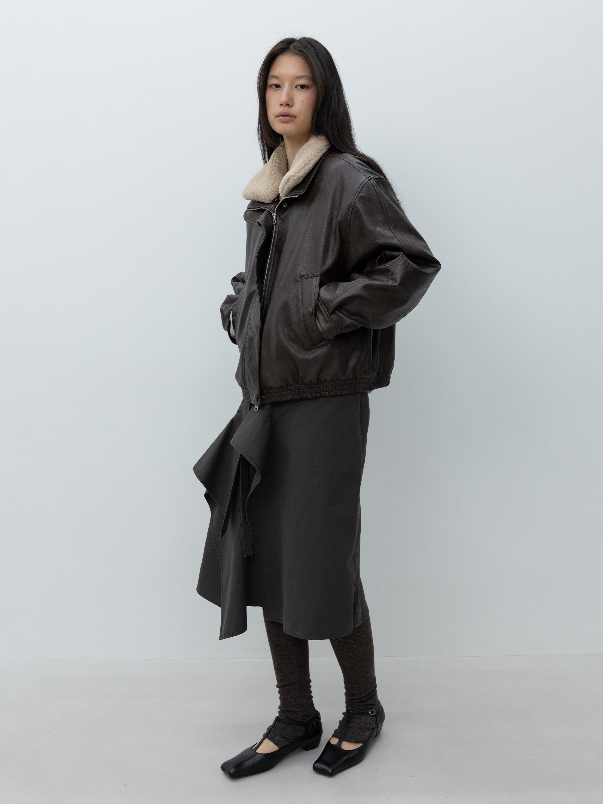 Brown Fur-Collar Jacket by Low Classic, structured vegan leather jacket with faux fur collar for cold-weather dressing at Alas Eius