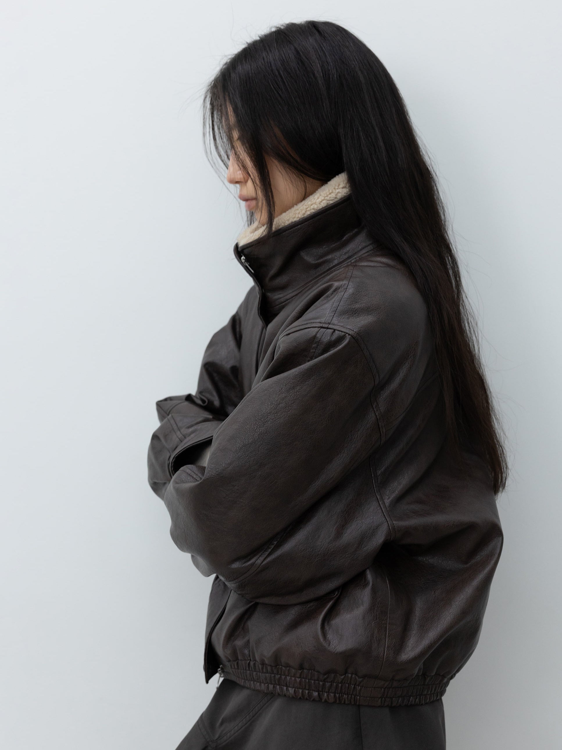 Brown Fur-Collar Jacket by Low Classic, refined vegan leather outerwear with faux fur collar for fall winter dressing at Alas Eius
