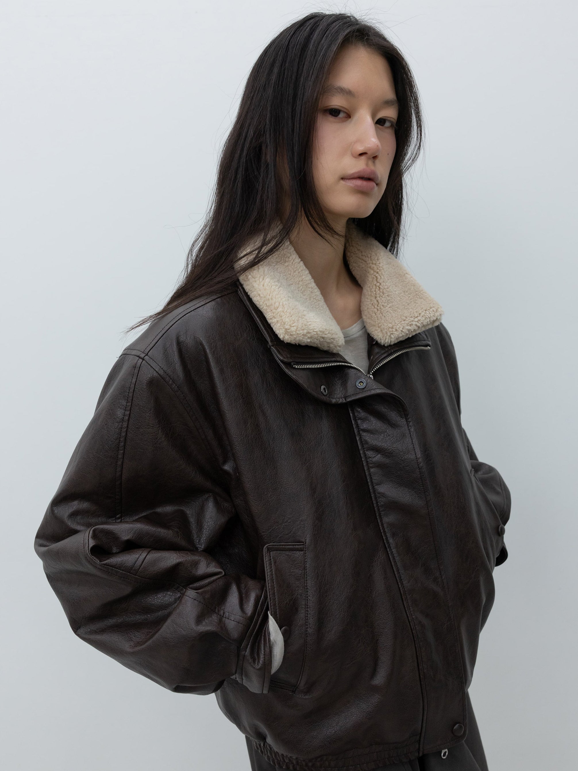 Brown Fur-Collar Jacket by Low Classic, vintage-inspired vegan leather jacket with faux fur collar for a fall winter wardrobe at Alas Eius