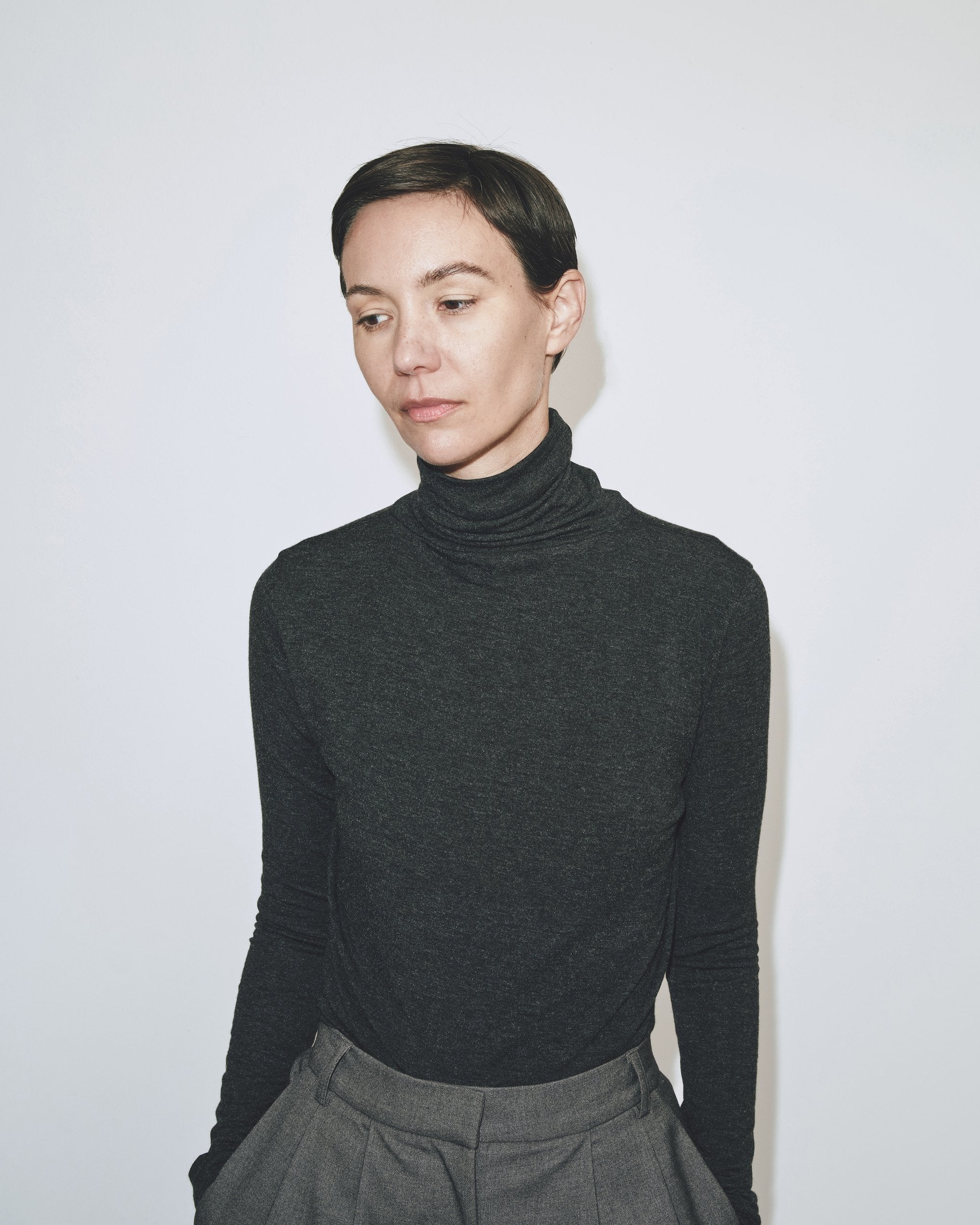 Charcoal Thin Ribbed Roll Turtleneck Top