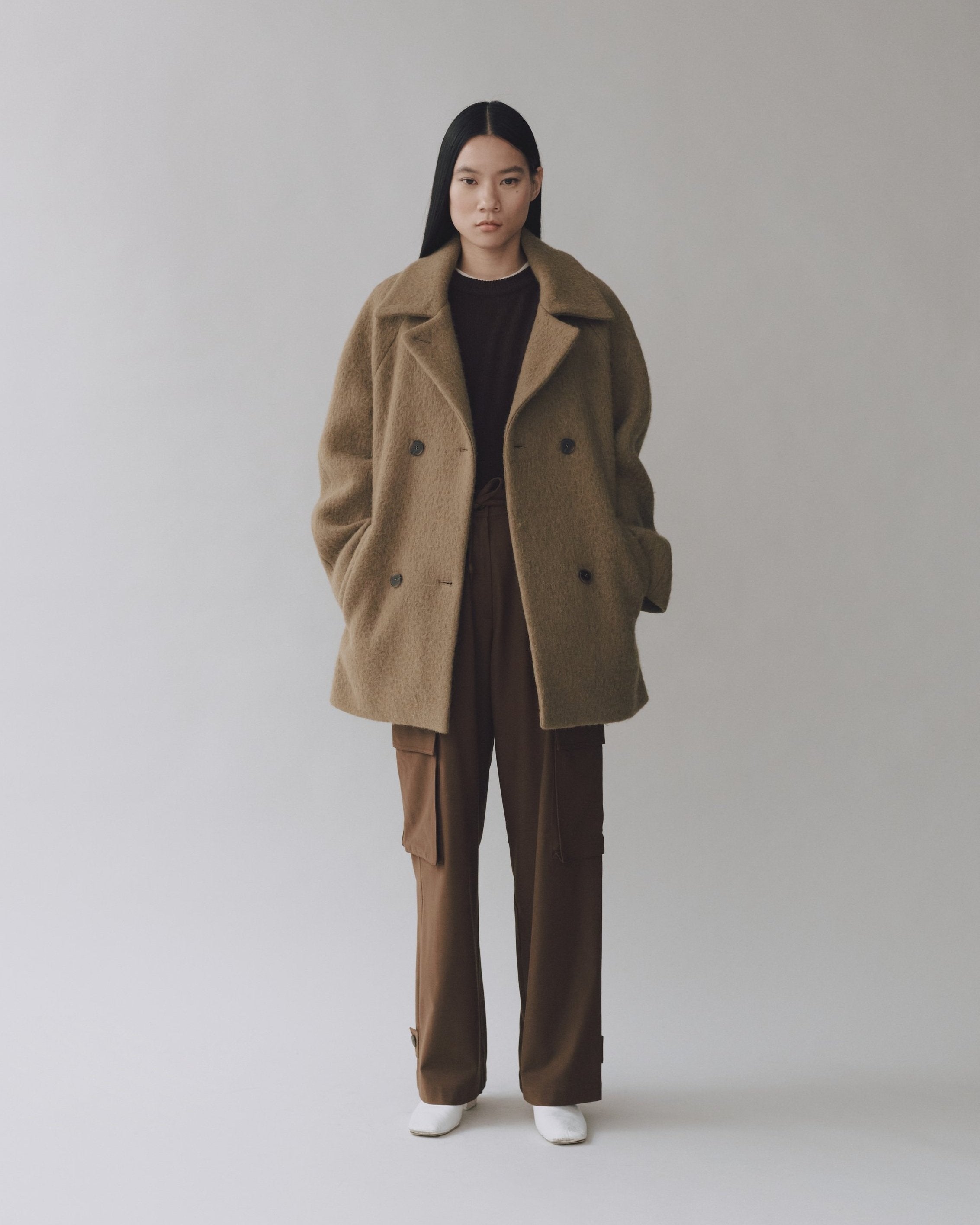 Camel boucle coat shop