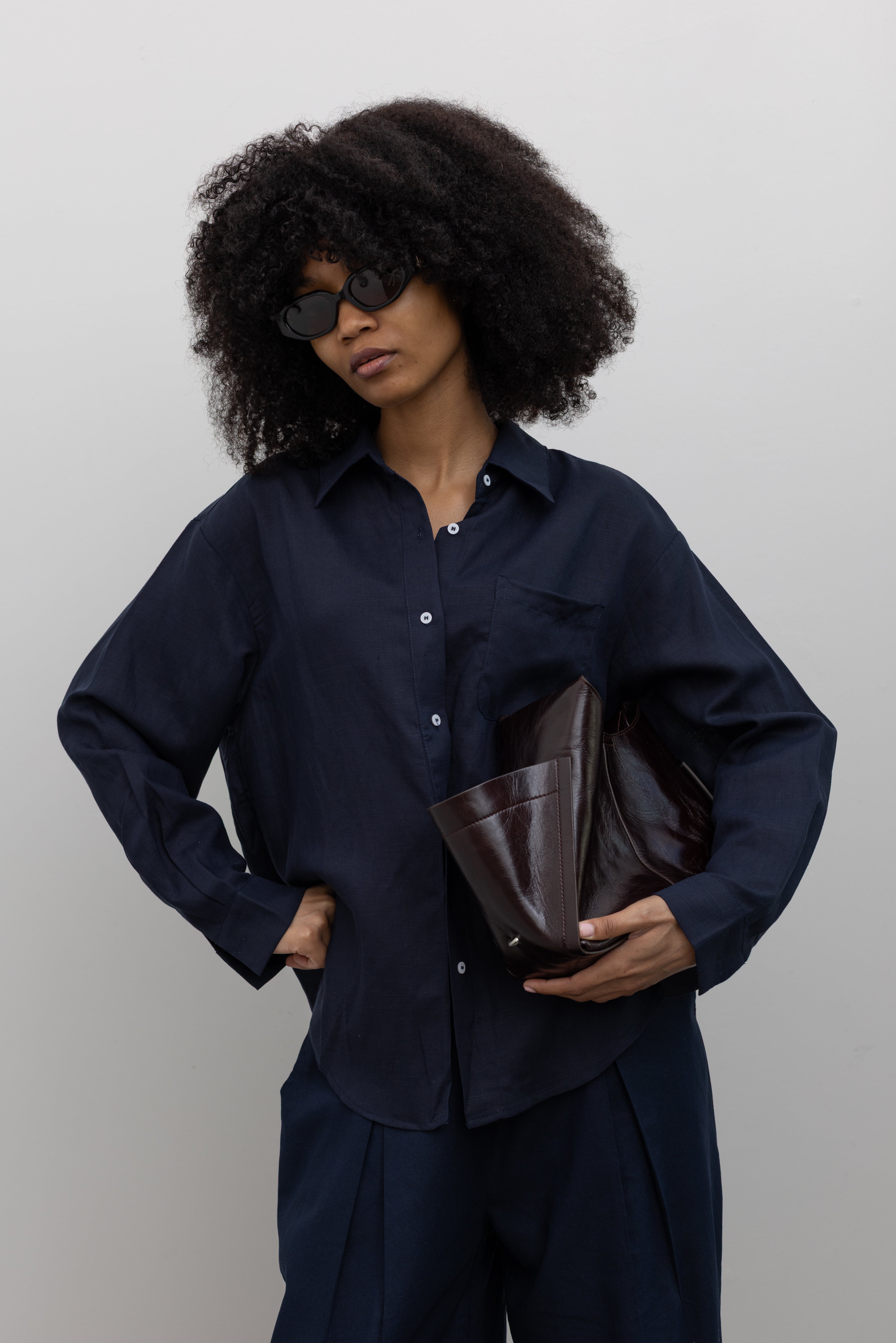 Collective relaxed navy button-down shirt with angled chest pocket at Alas Eius