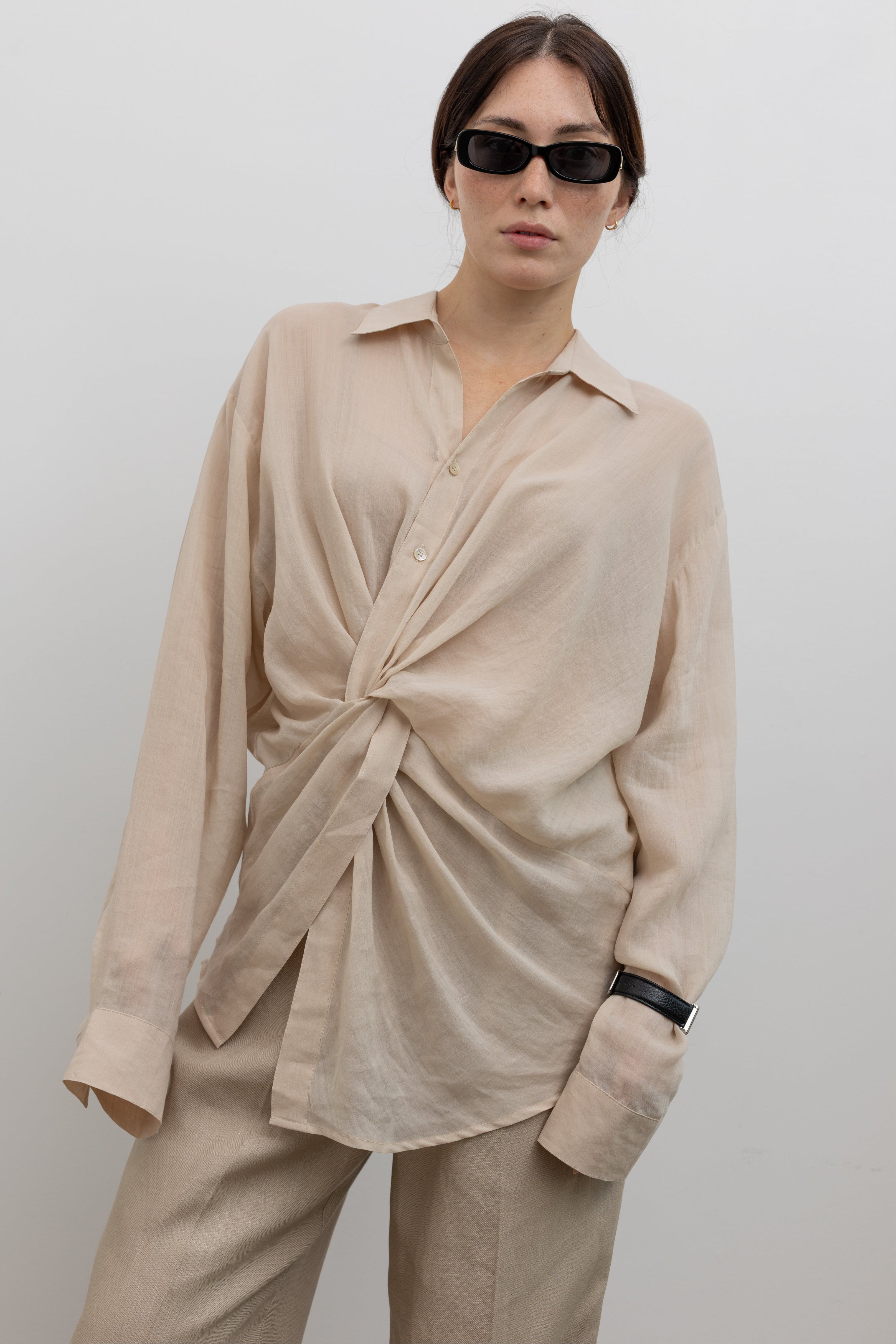 Collective oversized linen blend shirt with asymmetric front knot drape at Alas Eius