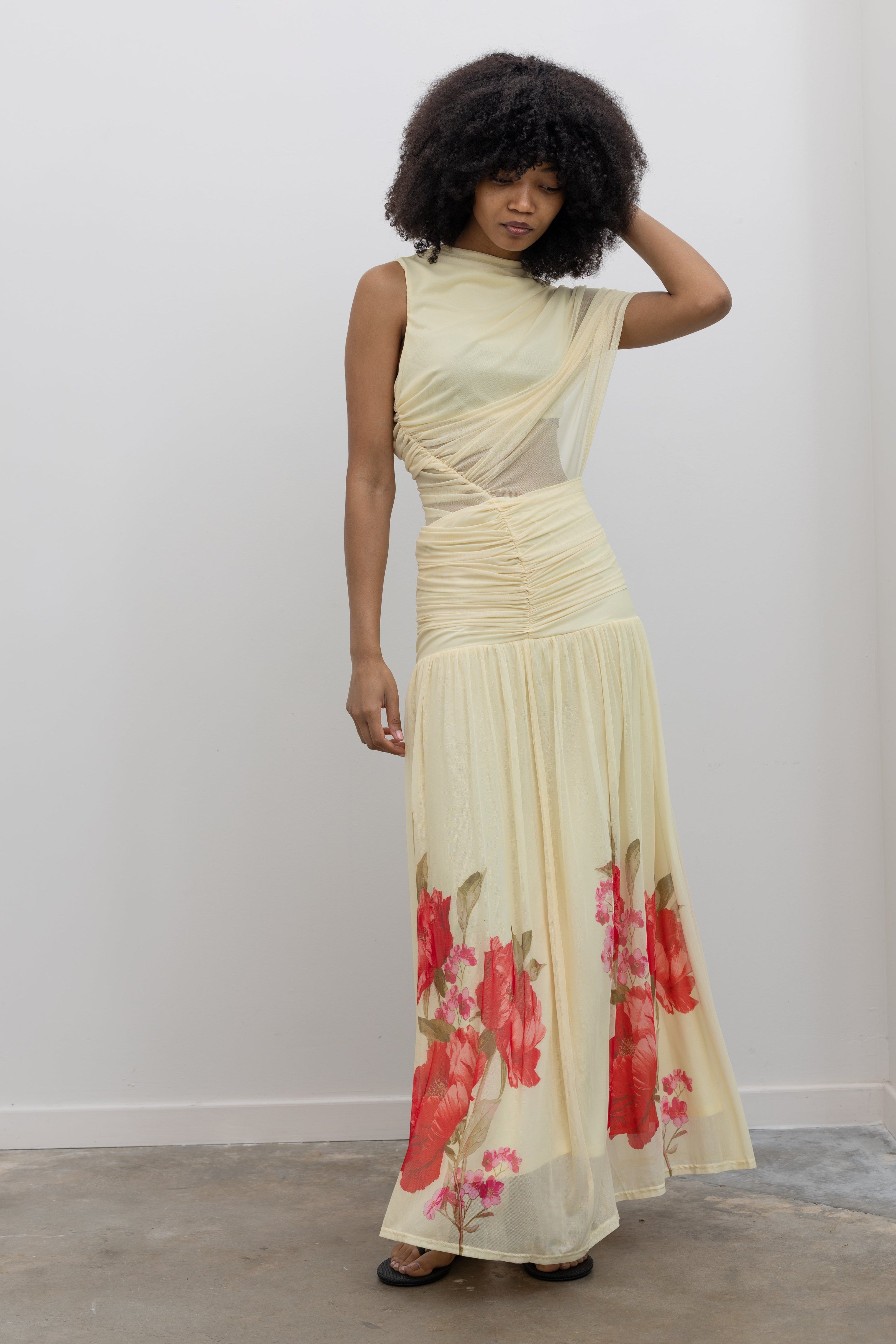 Lemon Floral Hem Draped Maxi Dress L