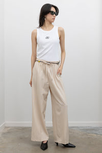 Beige Pinstripe Wide Leg Drawstring Pants