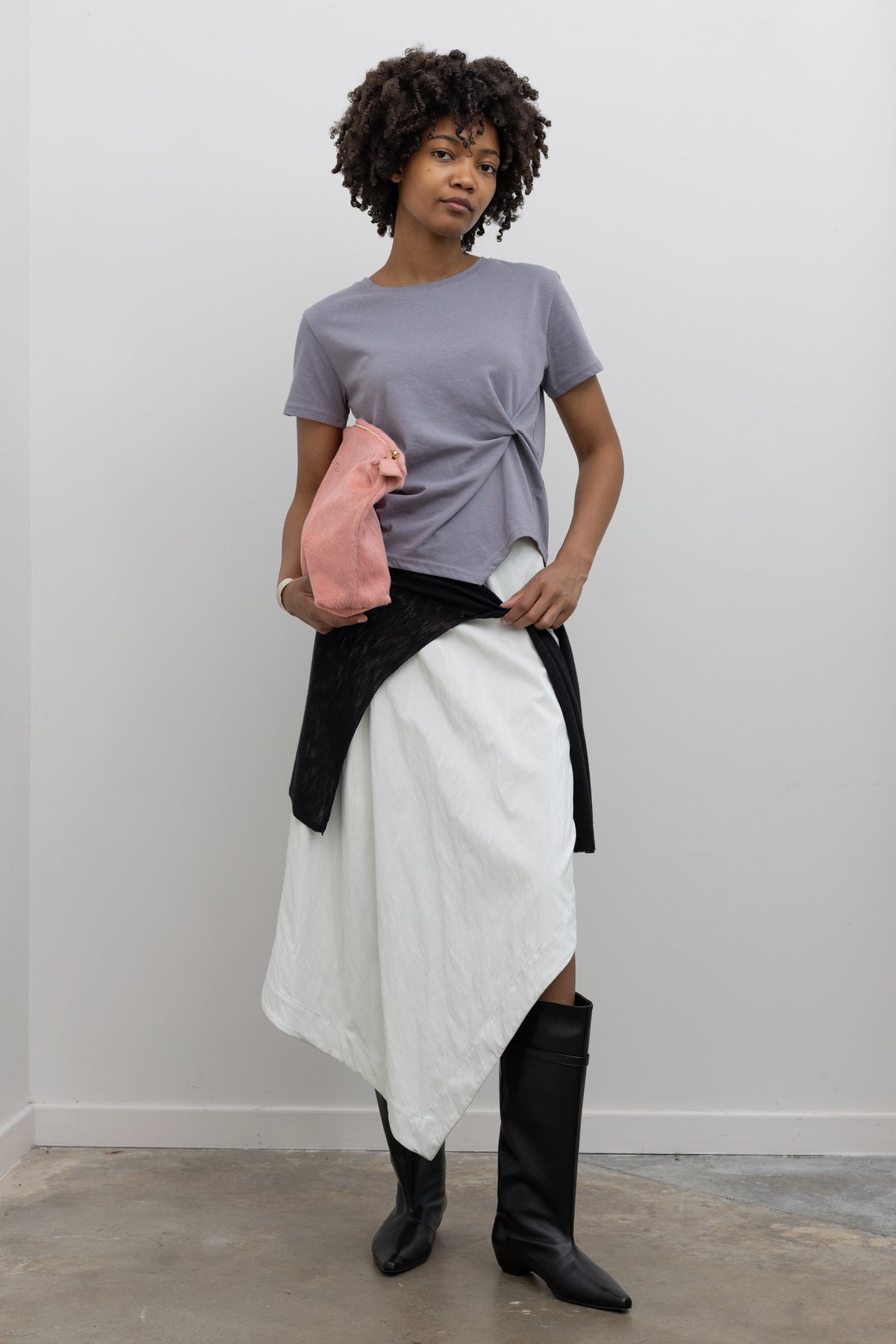 Collective Blue Gray Gathered Twist Front T Shirt, Modern Minimalist Womenswear, at Alas Eius