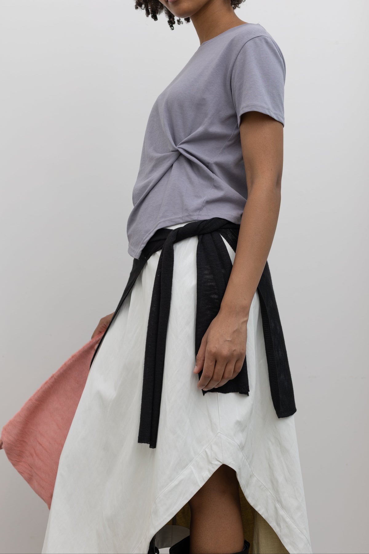Collective Blue Gray Short Sleeve T Shirt with Side Twist and Soft Draping, at Alas Eius