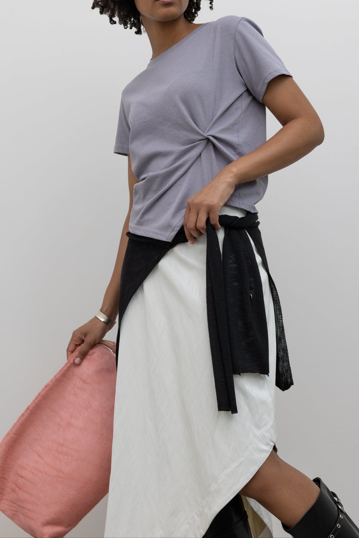 Collective Blue Gray Twist Front T Shirt, Short Sleeve Top with Gathered Asymmetric Detail, at Alas Eius