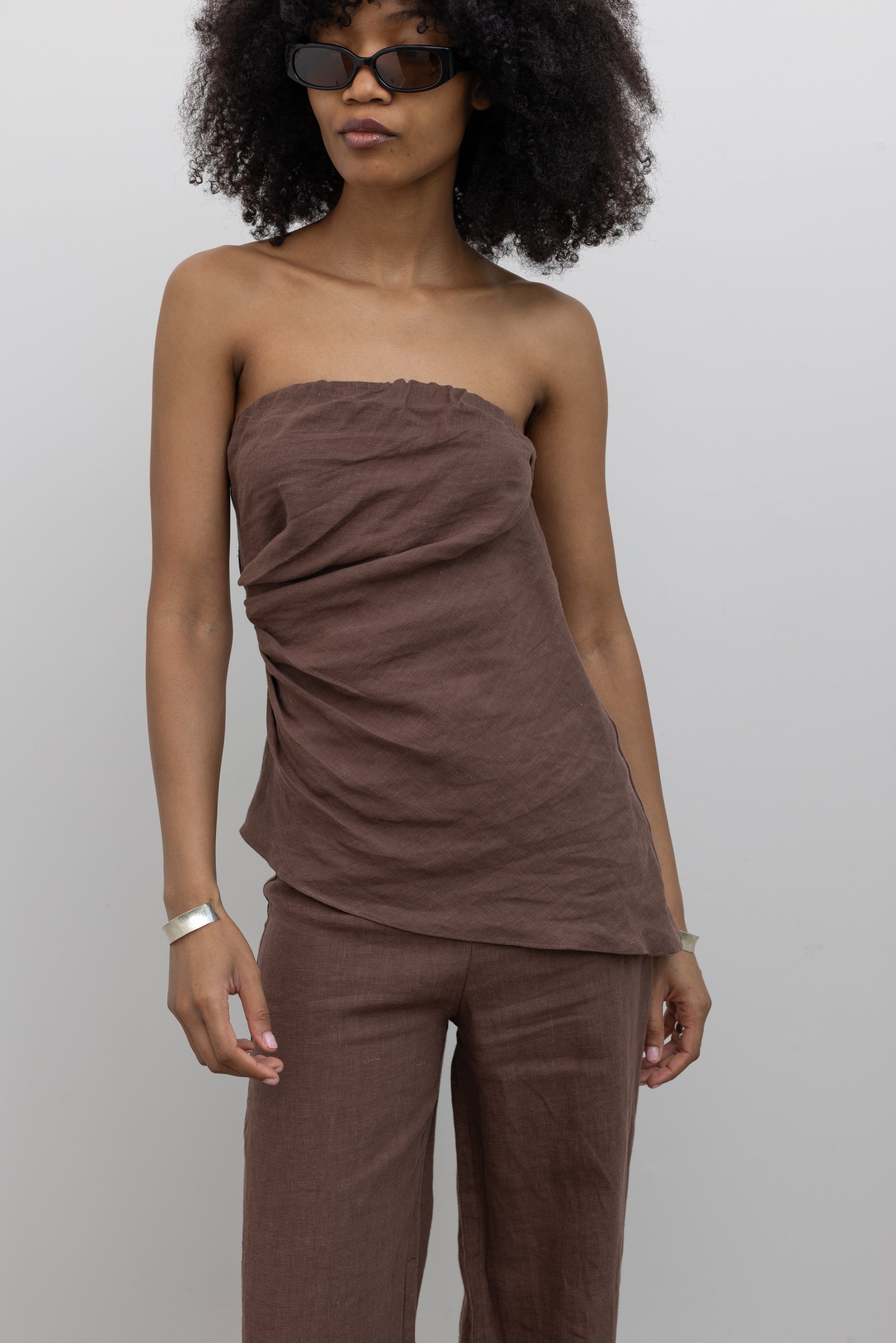 Brown Draped Strapless Linen Top S