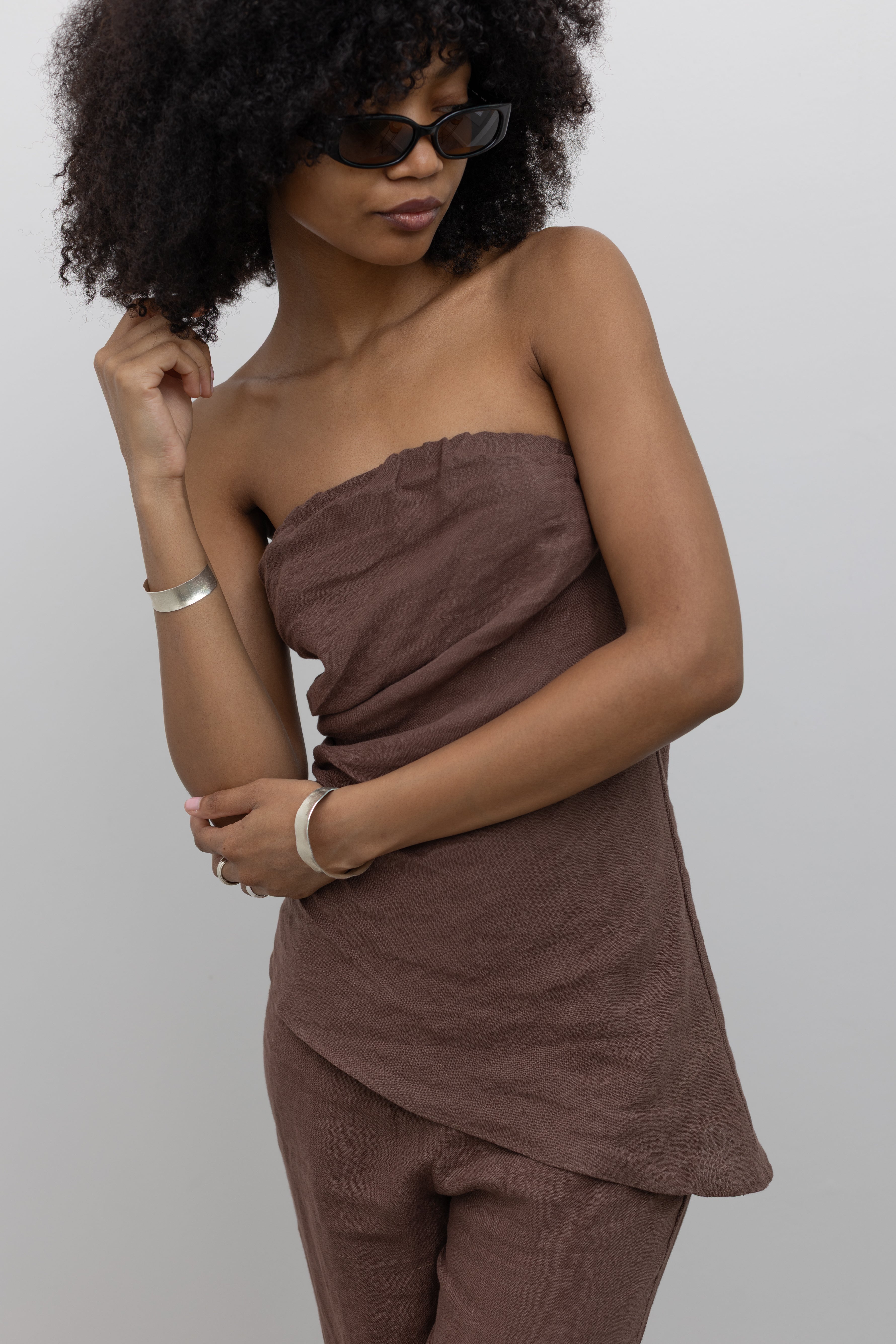 brown strapless linen dress Epitome of Allure Brown Mesh Strapless Ruched Maxi Dress