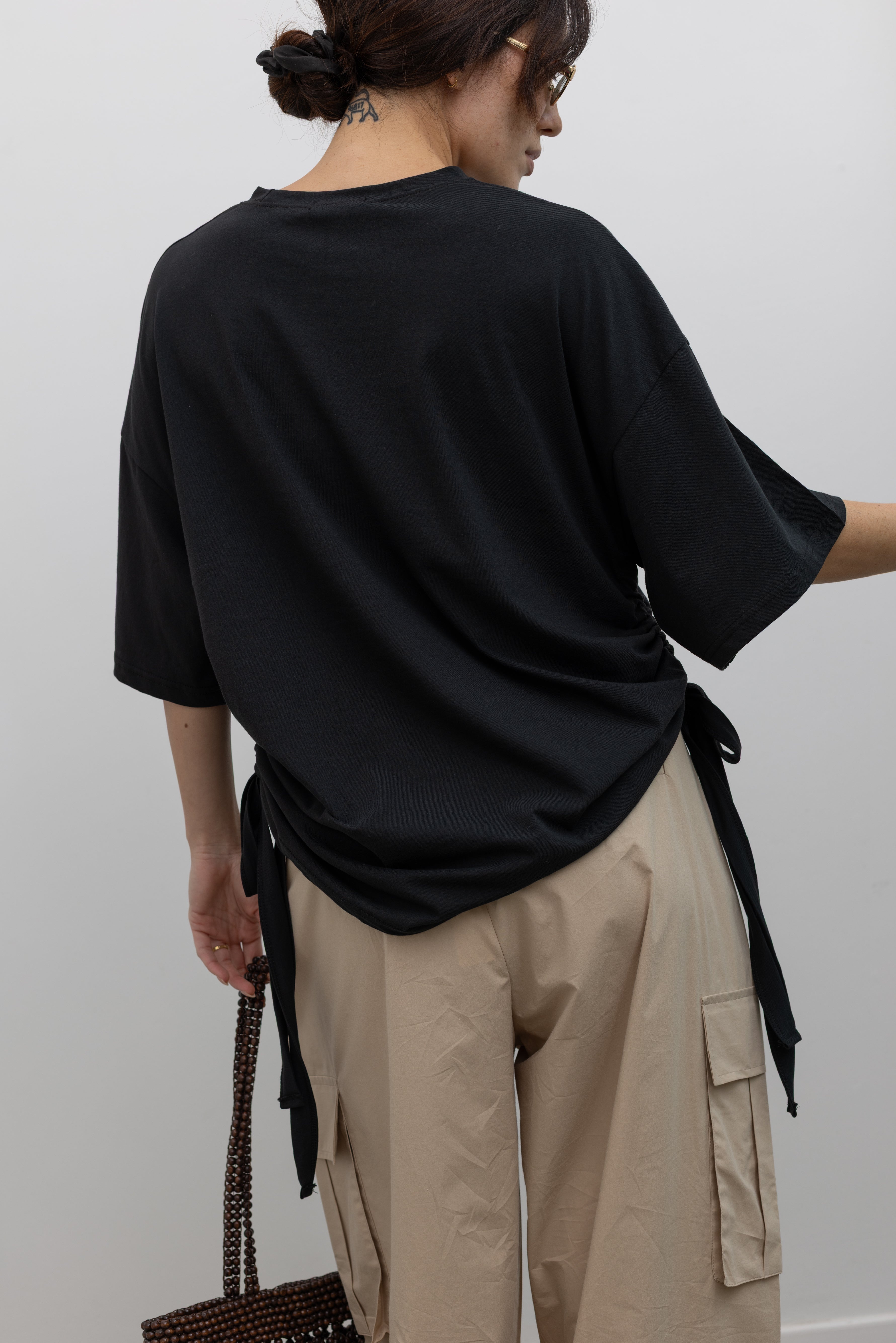 Collective relaxed boxy cotton tee with convertible ruched crop silhouette at Alas Eius